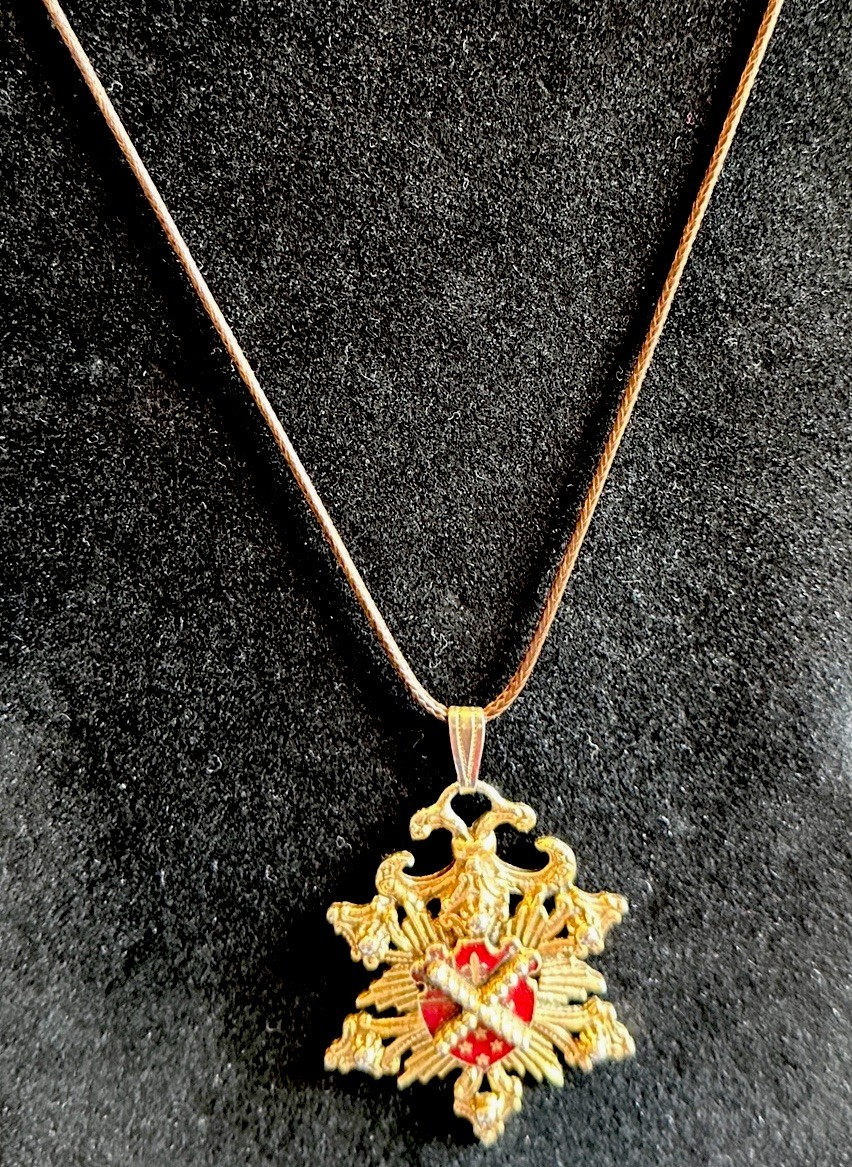 Vintage Coat Of Arms Pendant On A Brown Modern Cord Necklace Gold Tone With Red