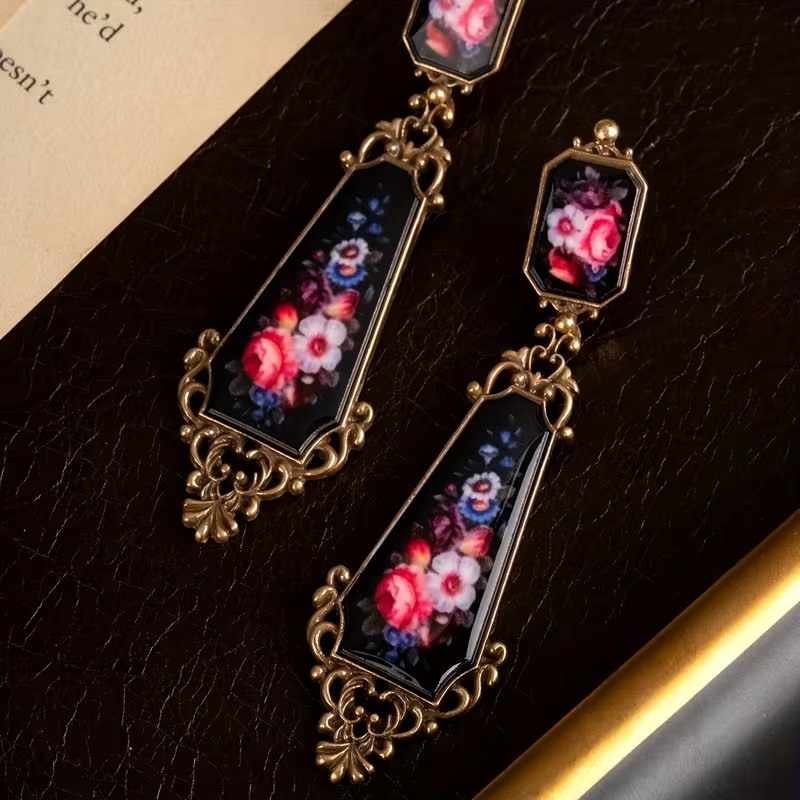 Vintage Floral Dangle Earrings Antique Gold Tone Pink Rose Statement Boho