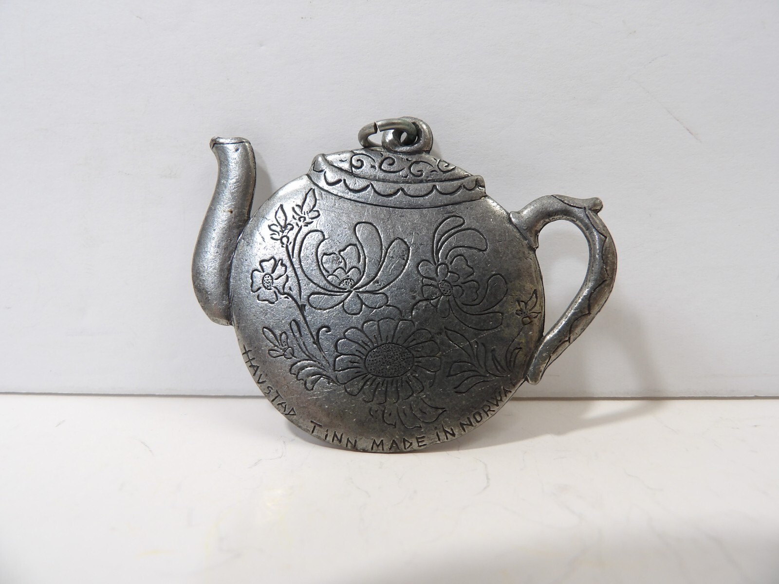Vintage Havstad Tinn Signed Pewter Tea Pot Pendant Or Ornament ~ Made In Norway
