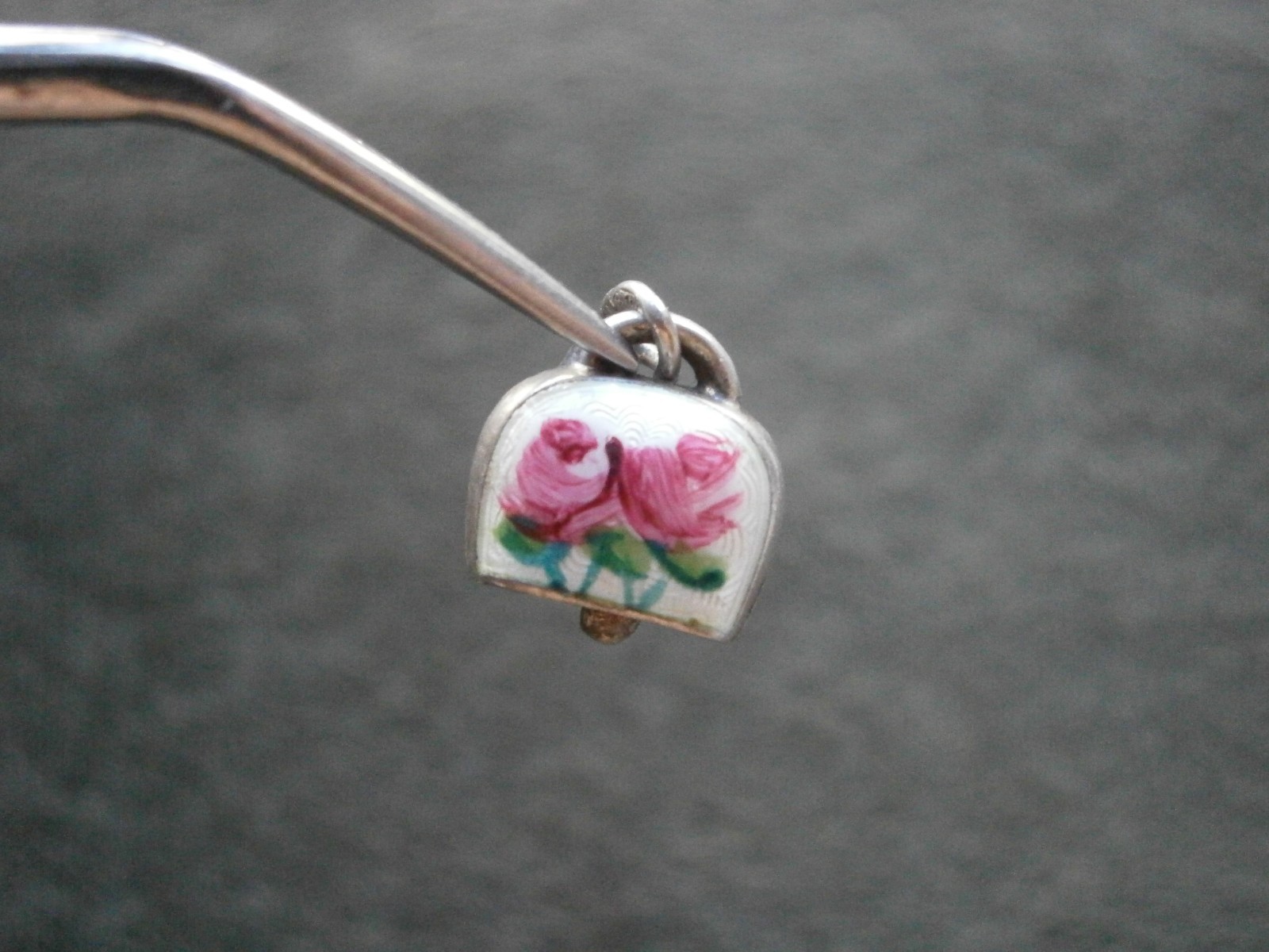 TINY Rose Flowers Cow Bell Vintage 800 Silver Guilloche Enamel Charm Pendant