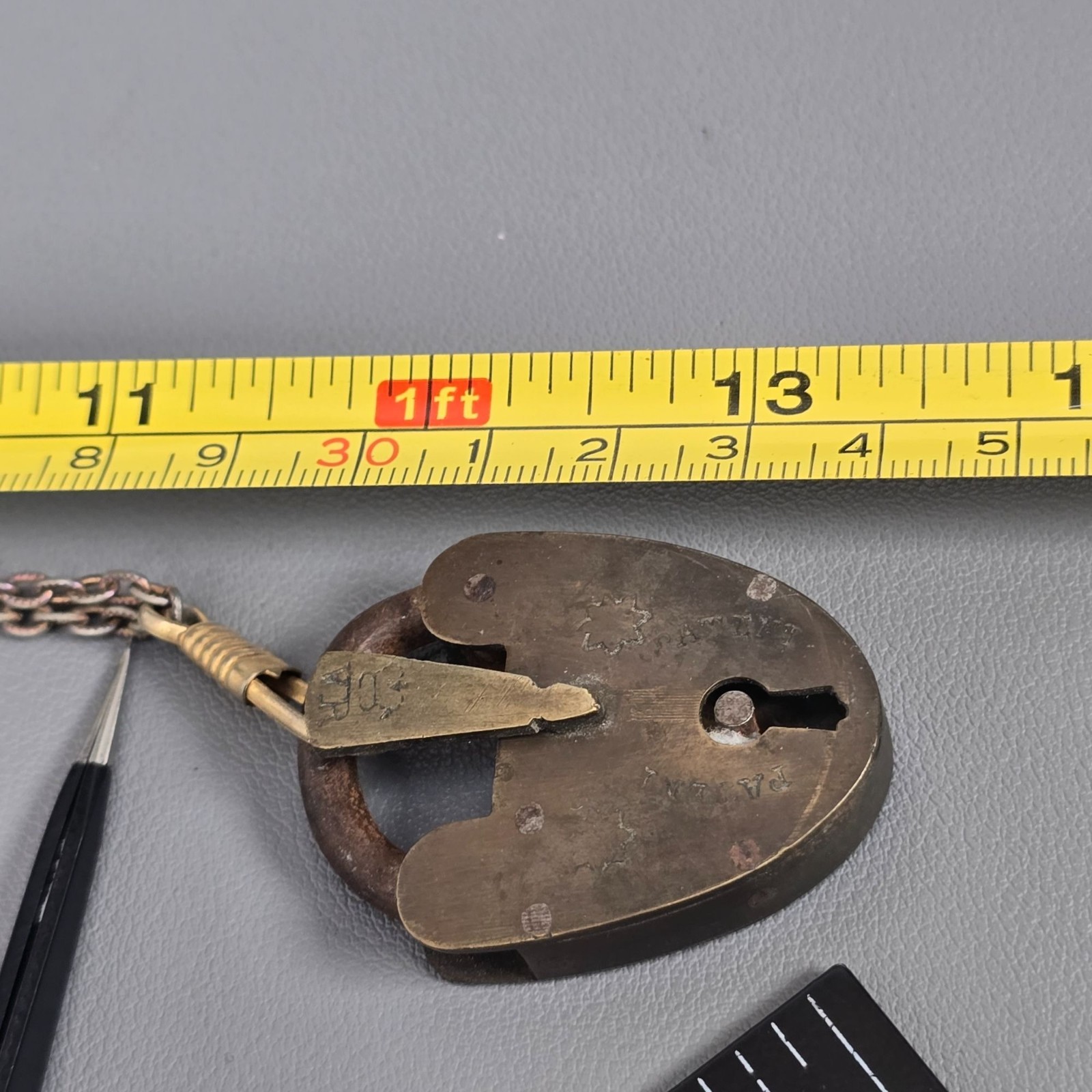 Vintage 19th Century Brass & Iron VR Crown Heart Padlock Pendant Chain Necklace