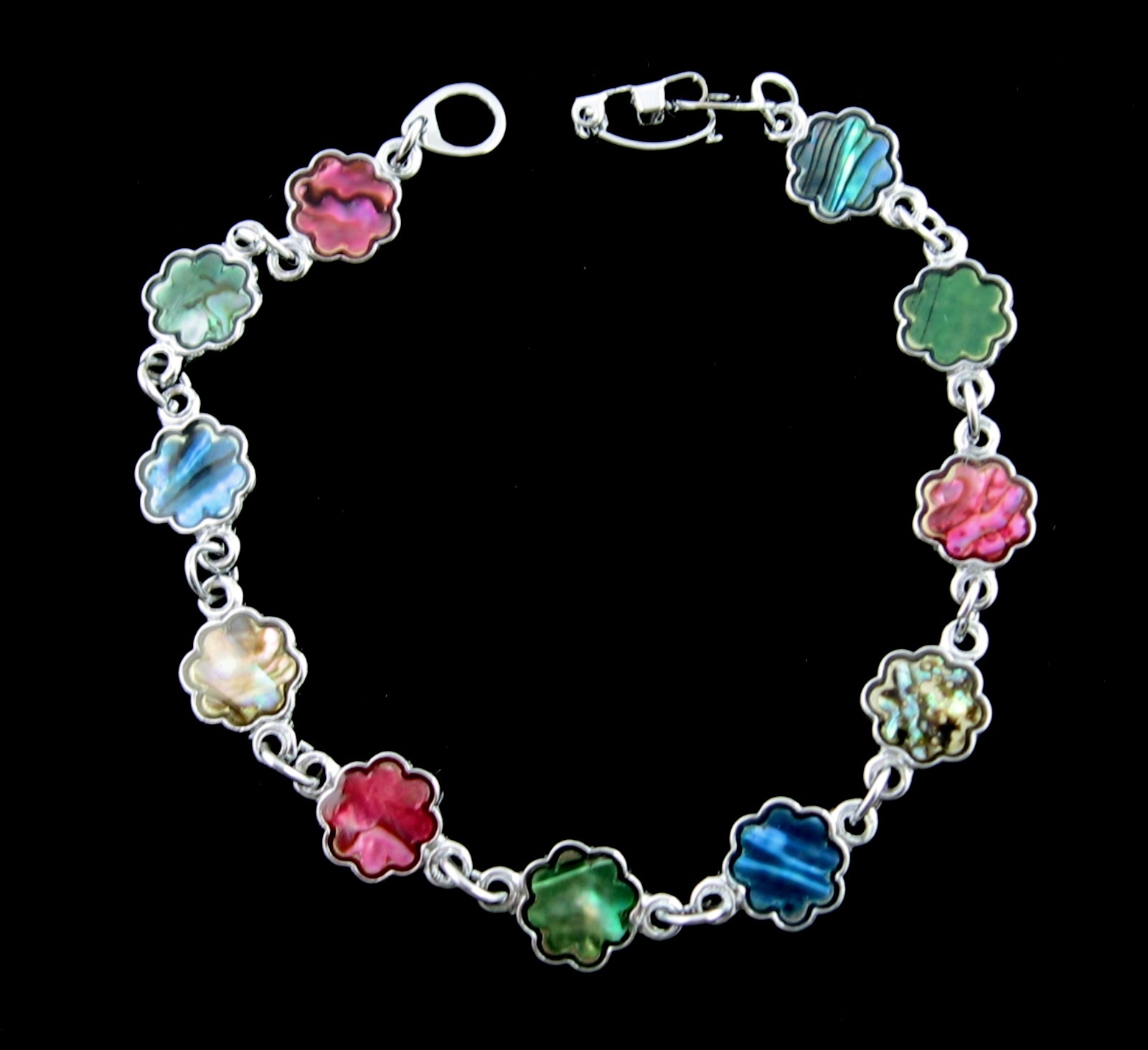 PAUA SHELL BRACELET Vintage Abalone Flower Blooms Pink Blue Silvertone 7.25″