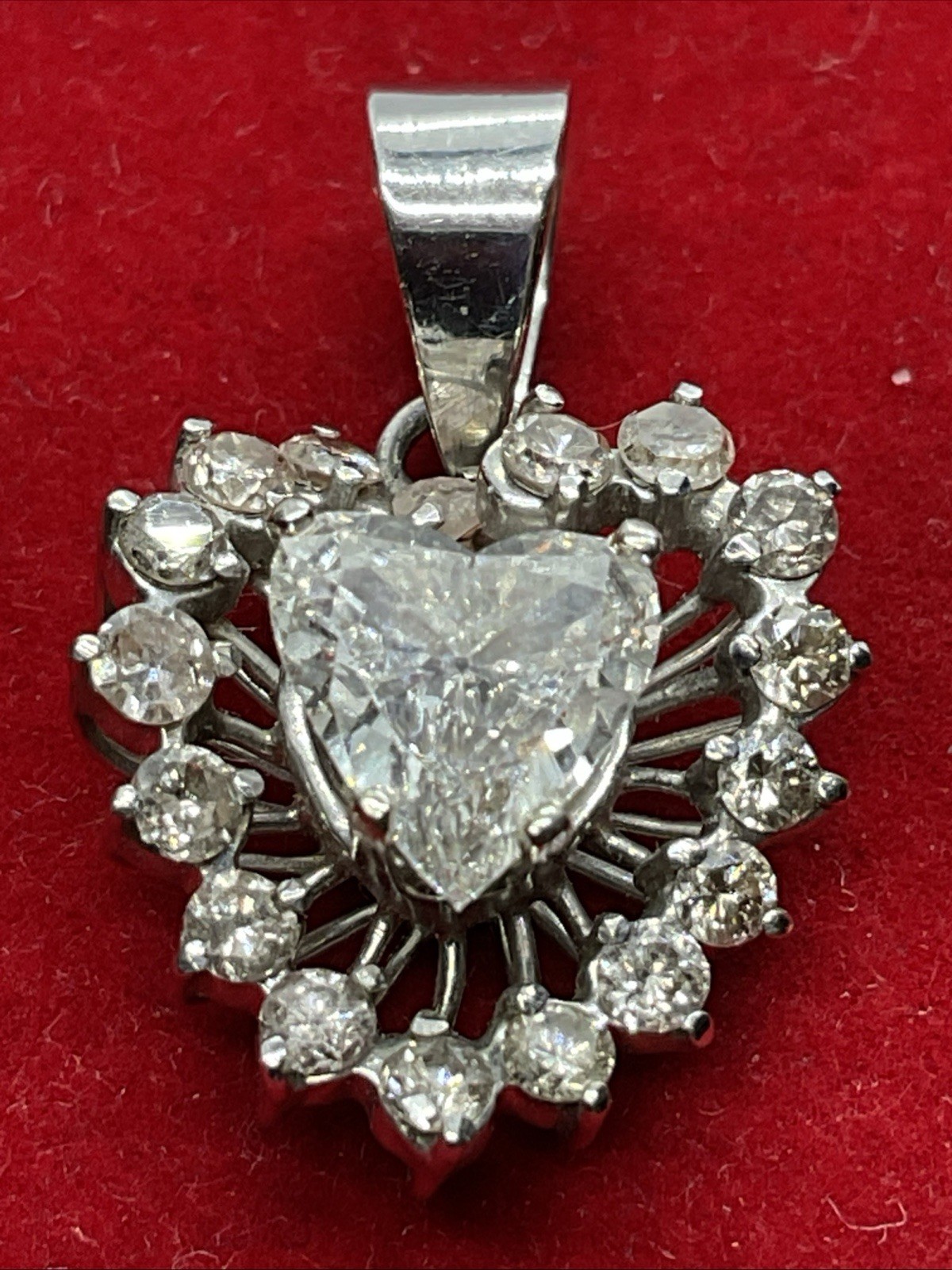 VINTAGE HANDMADE 8K White Gold Solitaire Diamond w/Accents Pendant & 11K Lock