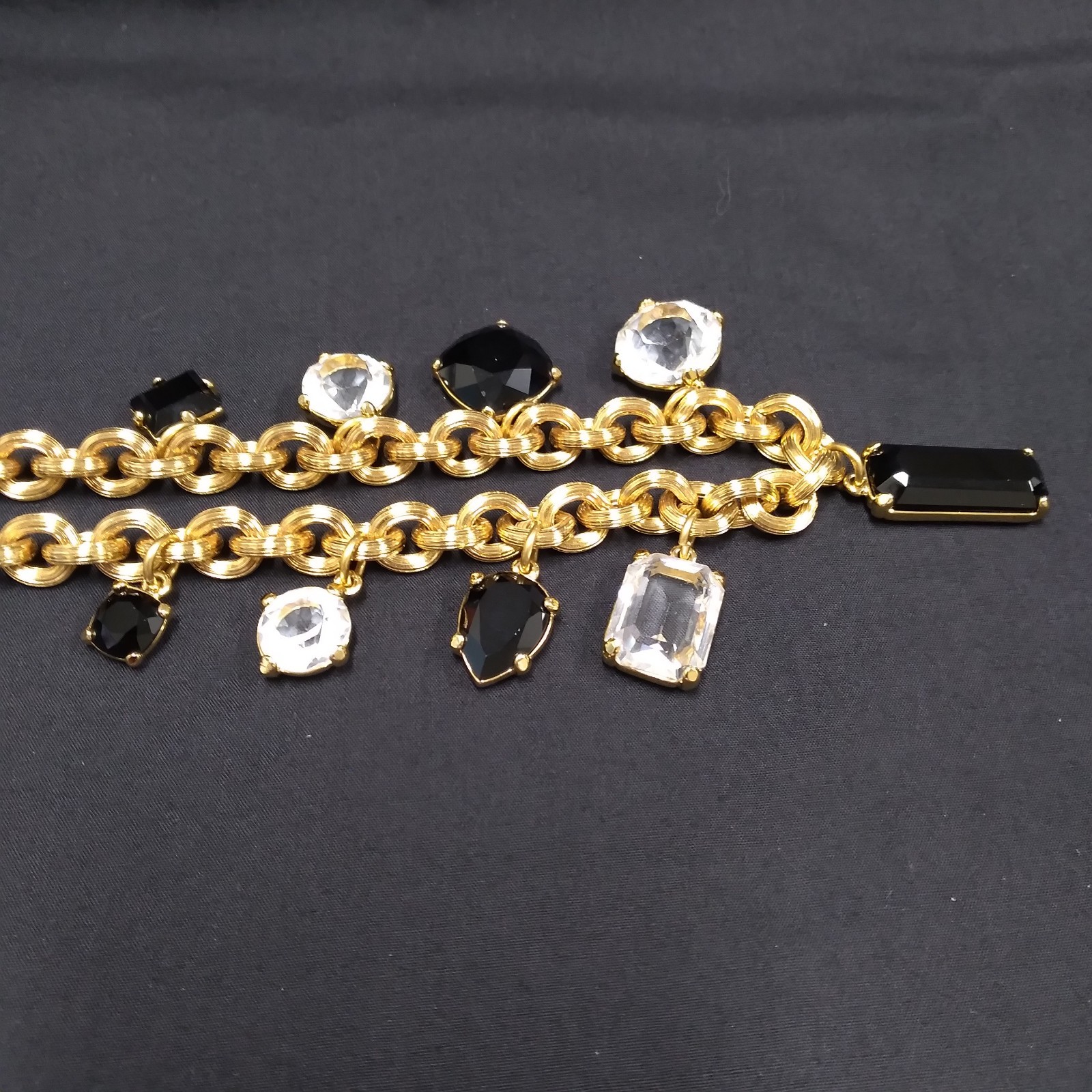 Monet Gold Tone Chunky Necklace with Clear and Black Crystal Charms
