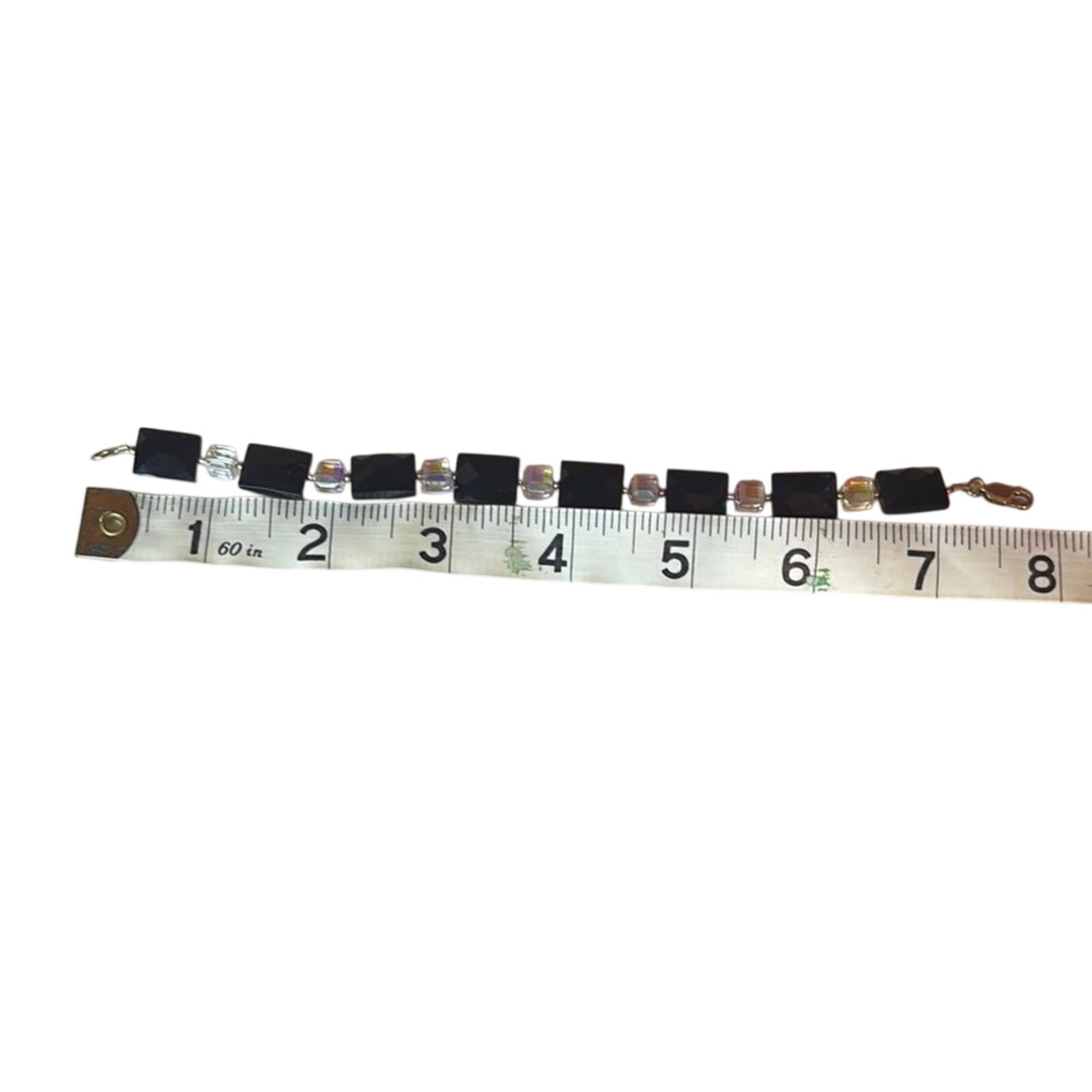 Black Faceted Bead Bracelet Aurora Borealis Crystal Cube Gold Tone Lobster Clasp