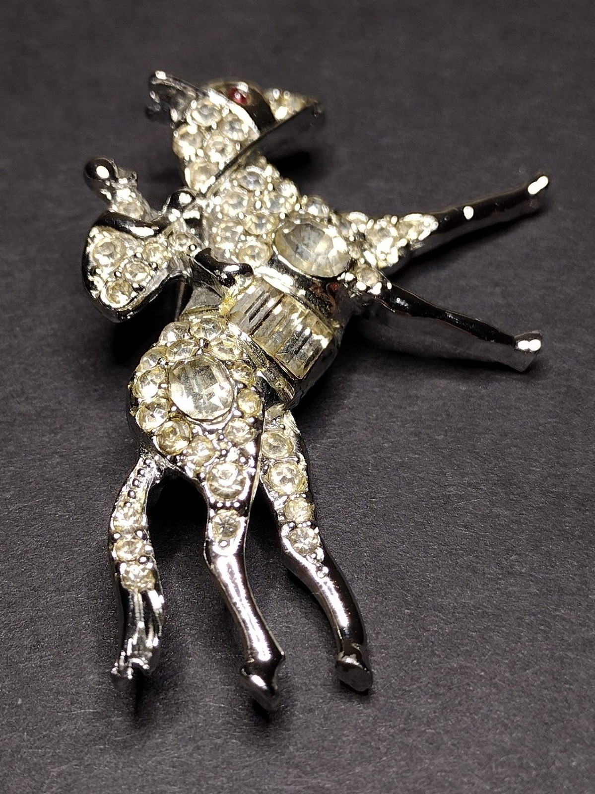 Vtg Rhinestone Equestrian Brooch Pin Derby Race Horse & Rider White Metal PELL ?