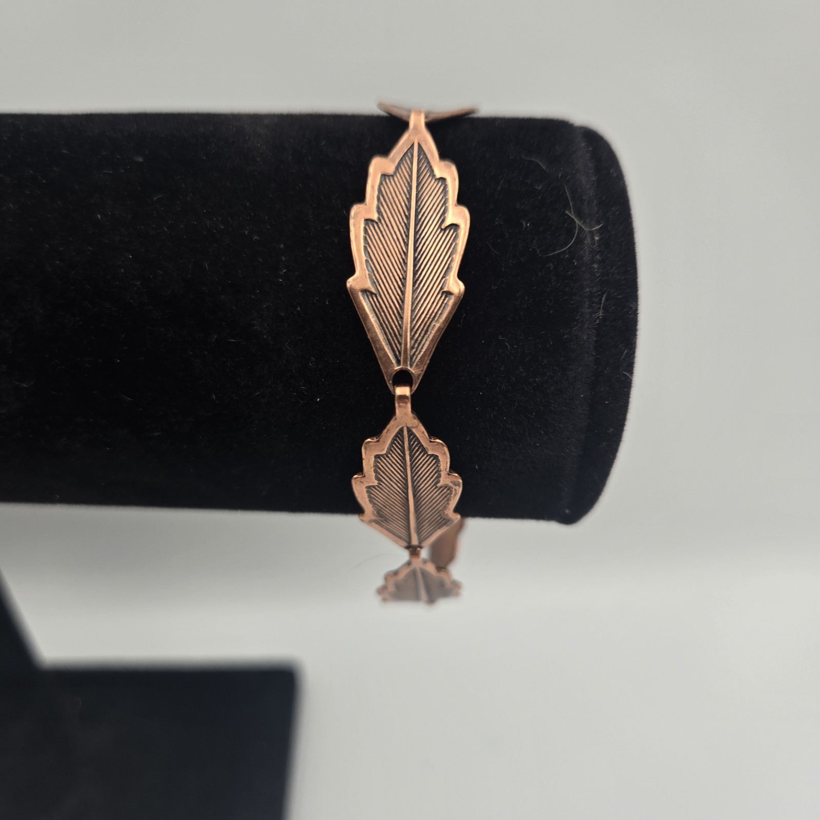 Vintage Copper Bracelet Etched Leaf Link Sister Hook Mid Century Modern MCM 8”