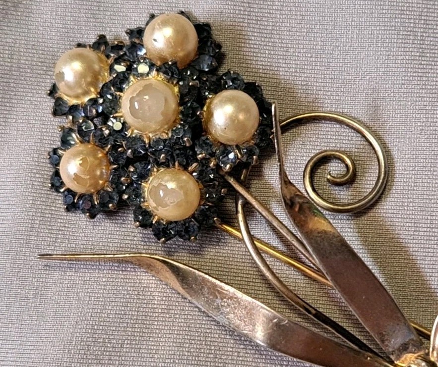 1950s 925 Sterling Silver Vermeil Blue Rhinestone Faux Pearl Brooch 3.5” 17gr