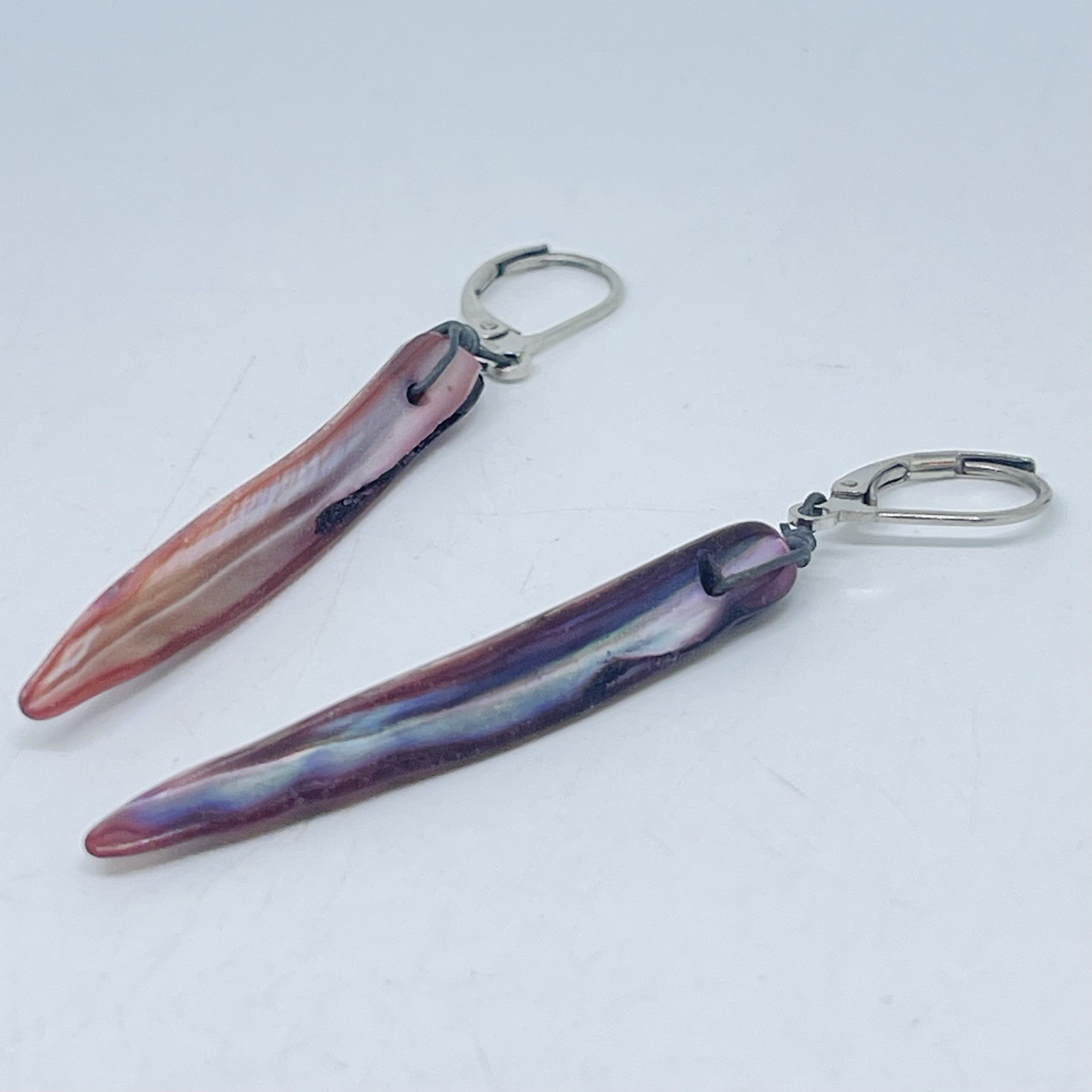 Vintage Colorful Pink Purple Blue Abalone Shell Talon Earrings Silver Leverback