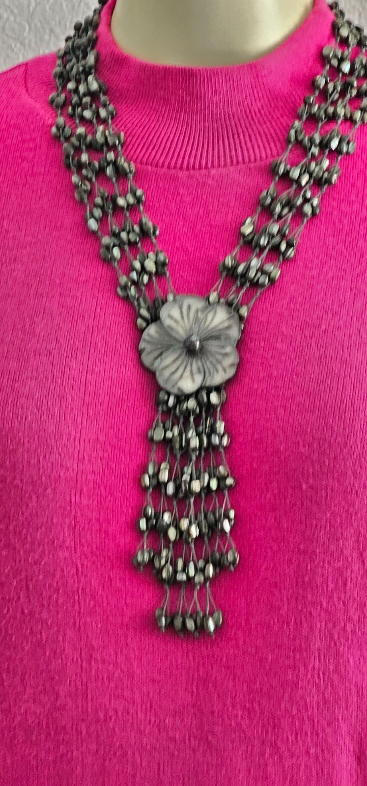 RARE VINTAGE Mother Pearl necklace shiny different gray shapes 4 strand 18