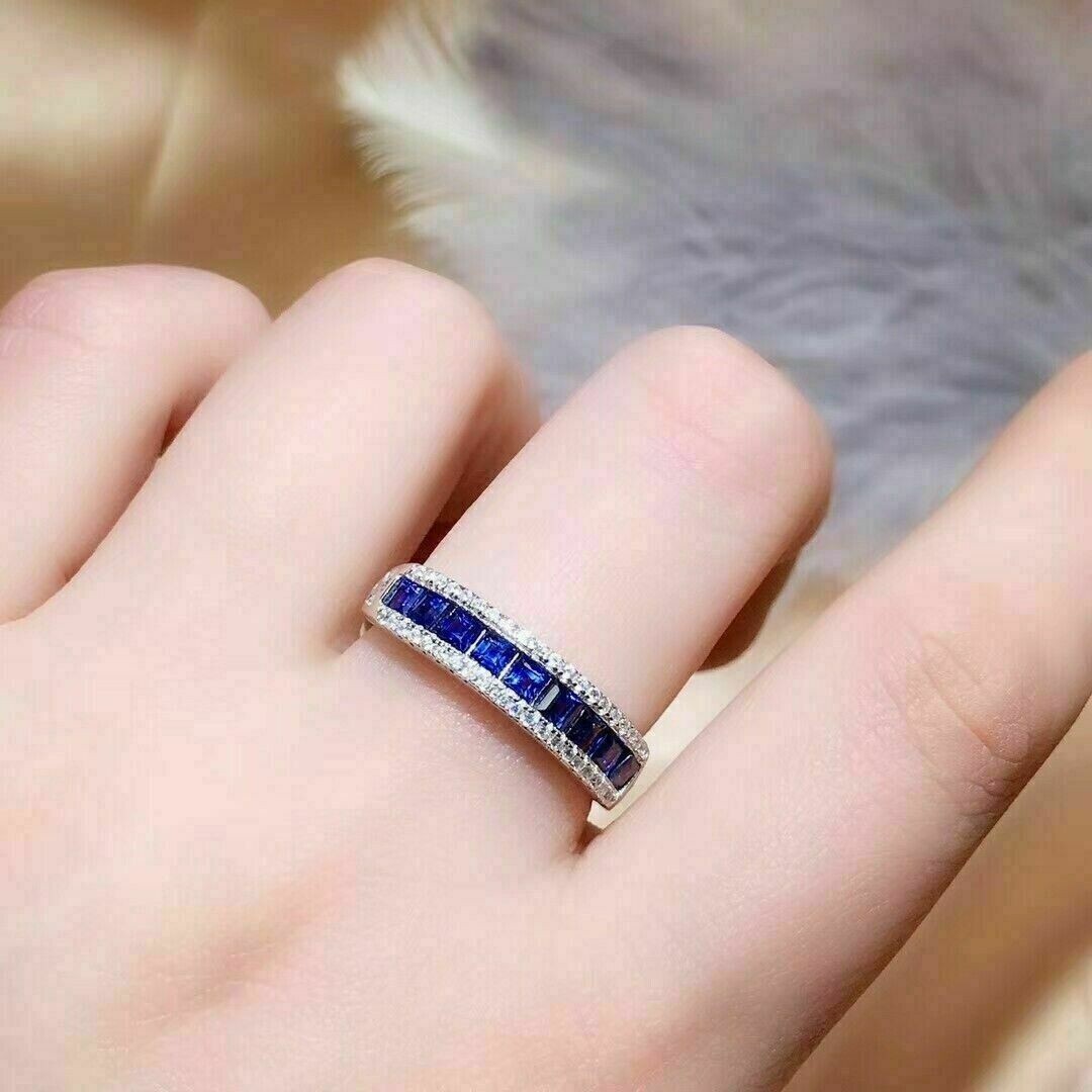 1.2CTW Blue Princess Cut CZ Art Deco Antique Style Wedding Band 925 Silver Ring