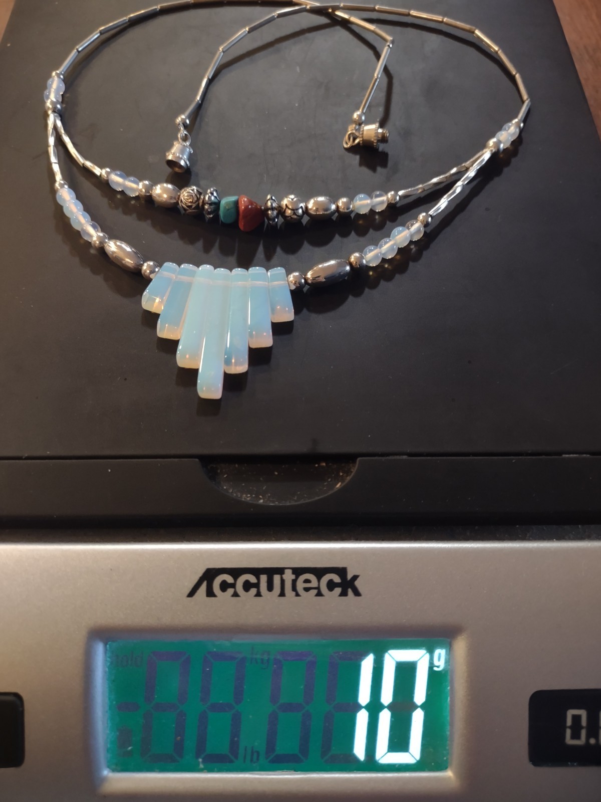 Fringe Moonstone Liquid Silver Layered Necklace Turquoise Coral Beads 18″