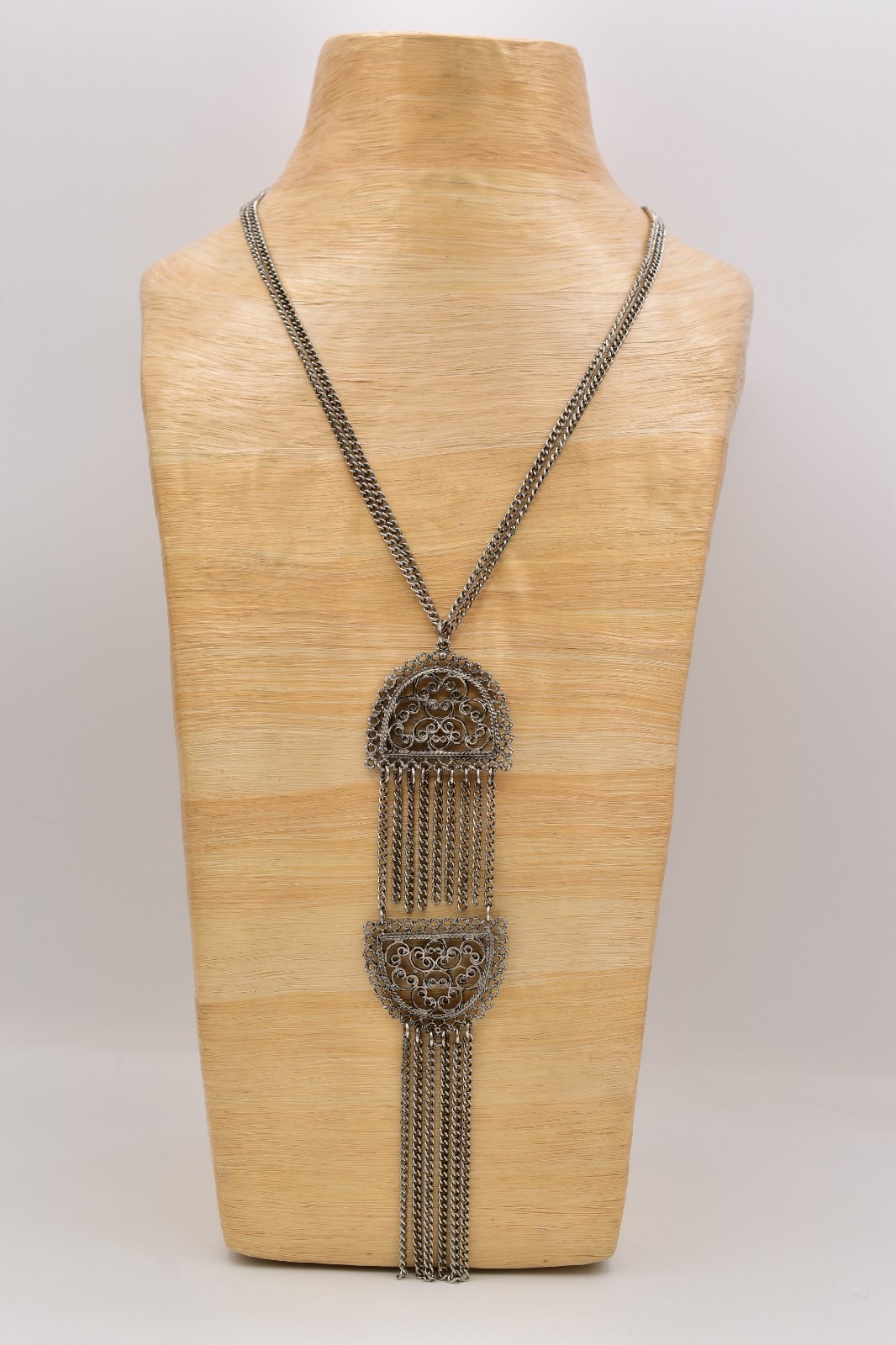 Vintage Silver Filigree Tassel Necklace Long Statement Fringe Chain 1970s Bin3C
