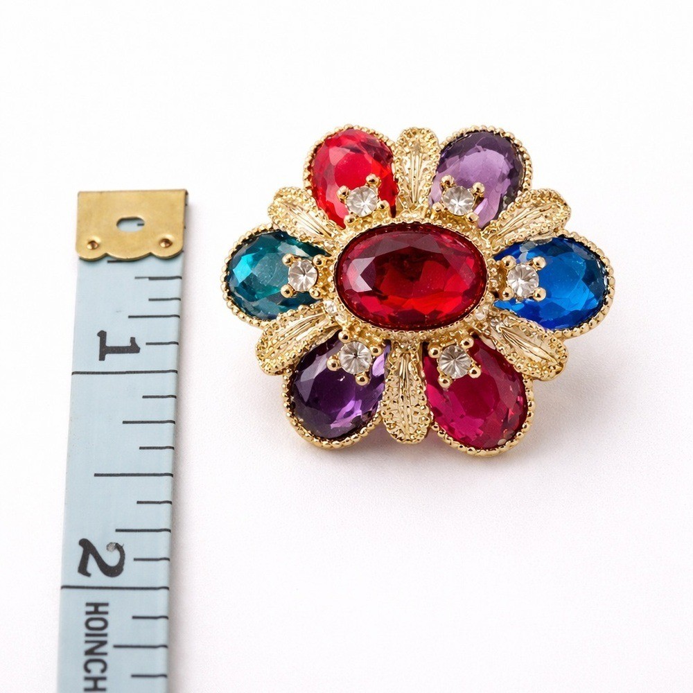 Vintage Multicolor Rhinestone Flower Brooch Gold Tone Statement Retro Jewelry