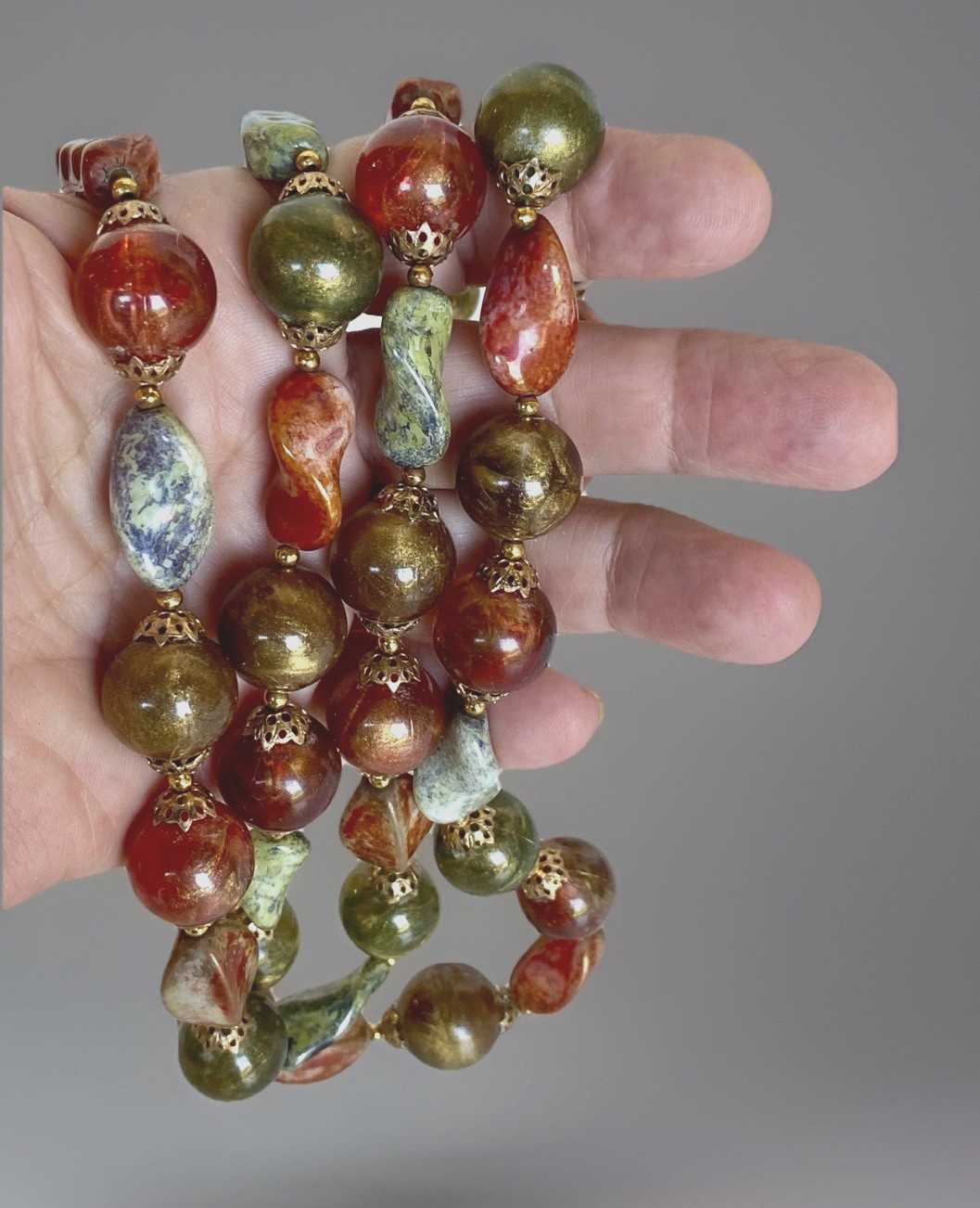 Vintage Crown Trifari Double Strand Necklace, Fall Colors, 24″ Long