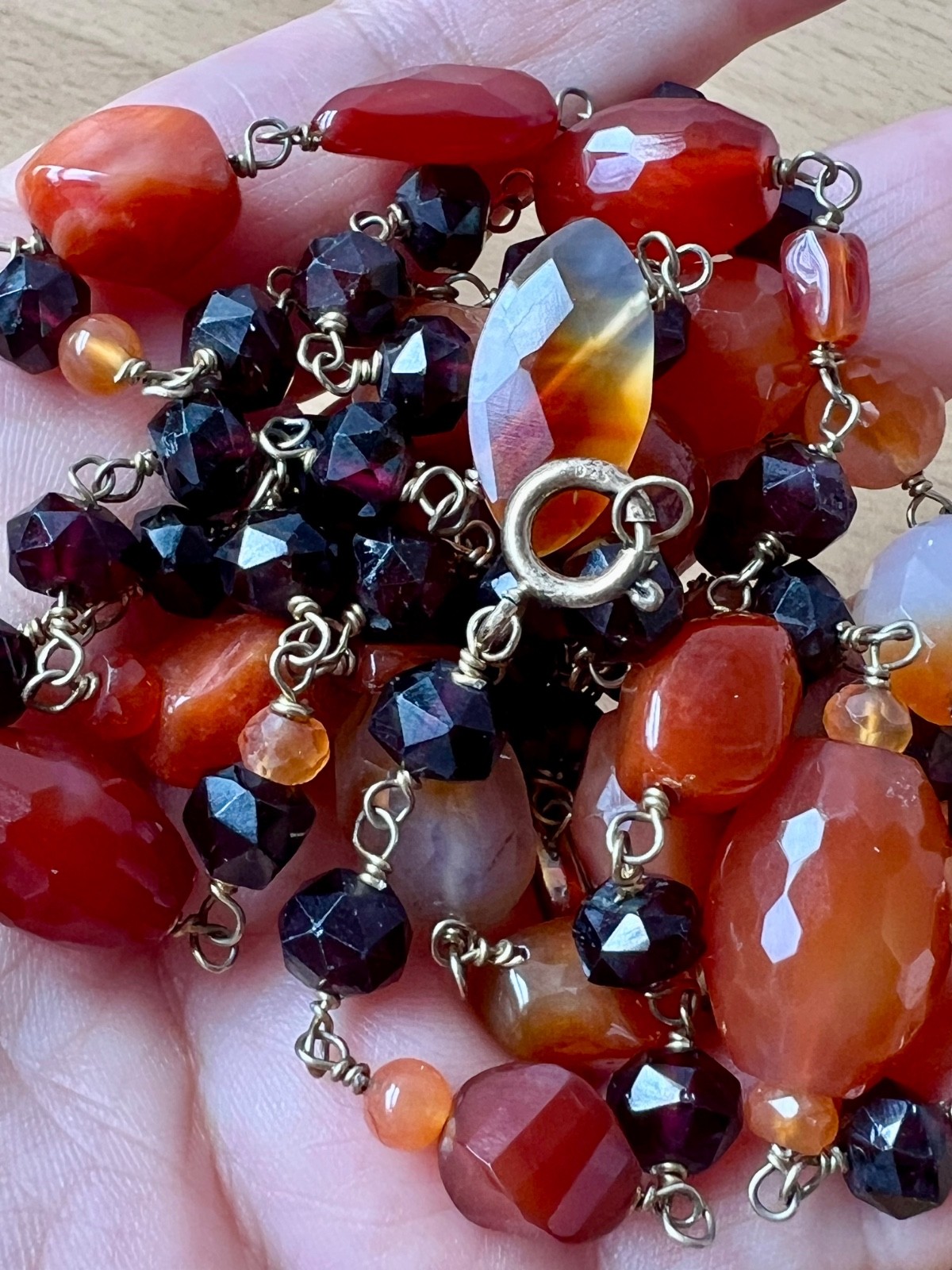 VINTAGE AGATE RHODOLITE GARNET 925 STERLING SLVR LONG STATION STATEMENT NECKLACE