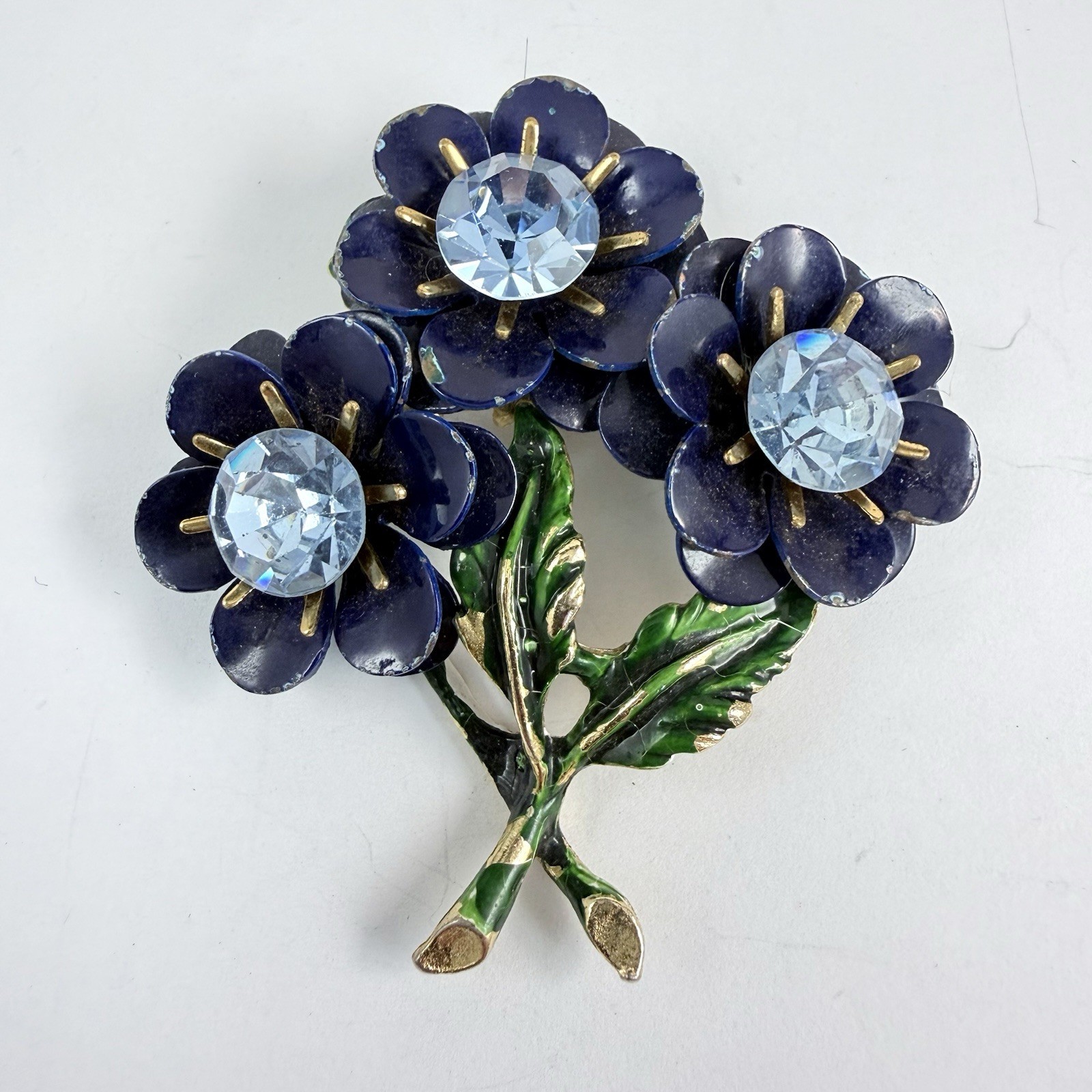 Vintage Blue Rhinestone Enameled Flower Brooch Estate Pin