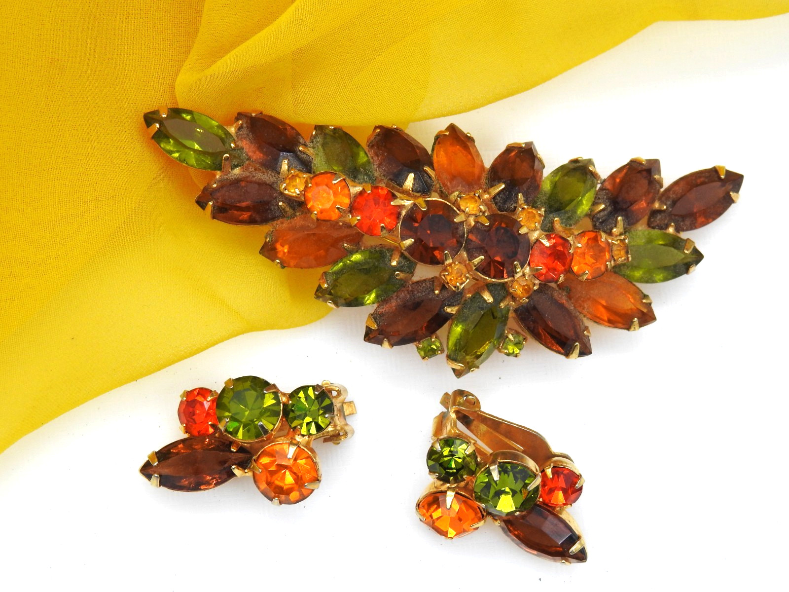 Juliana Rhinestone Brooch Clip Earrings Set Fall Colors Demi Parure Vintage