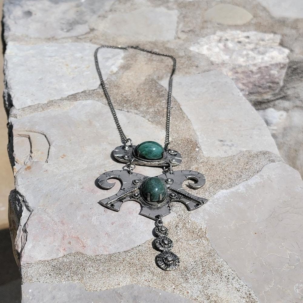 Vintage Made in Brazil Statement Necklace Green Cabochon Silver Tone Pendant 6″