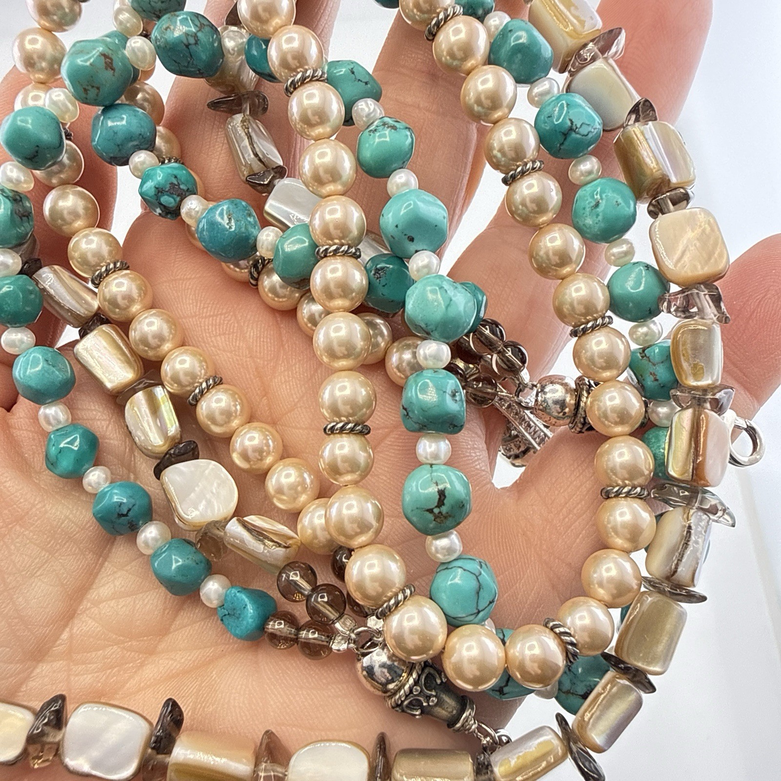 Deb Guyot Necklace Turquoise Pearl Triple Strand Sterling Silver 925 HSN Torsade