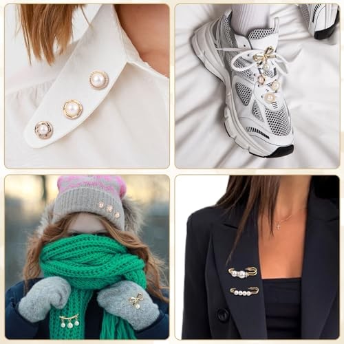 12pcs Pearl Junk Sock Charms Women Gold Rhinestone Bow Brooch Safety Pins