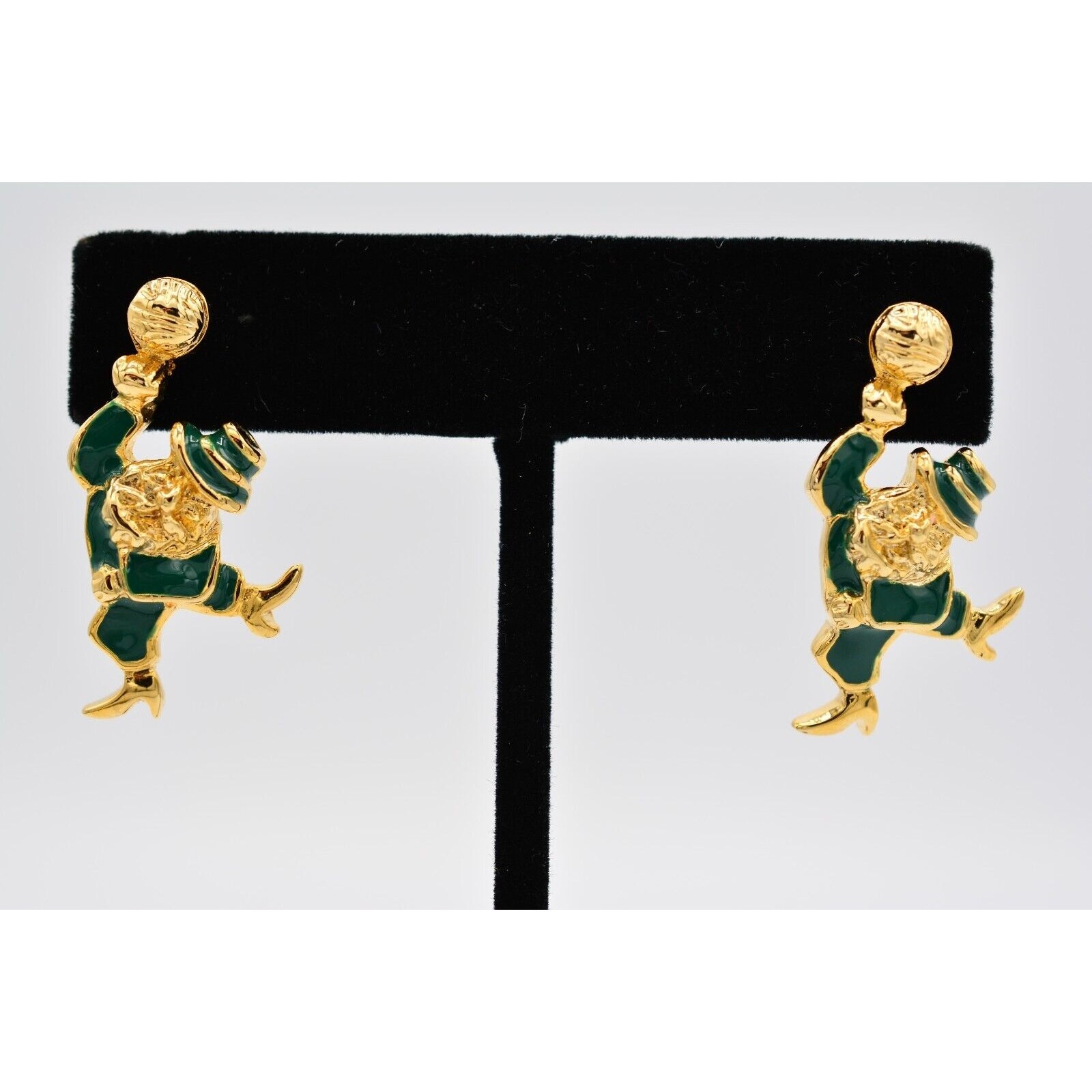 Vintage Lucky Leprechaun Earrings Dangle Green Gold St. Patrick’s Day 80s BinA6