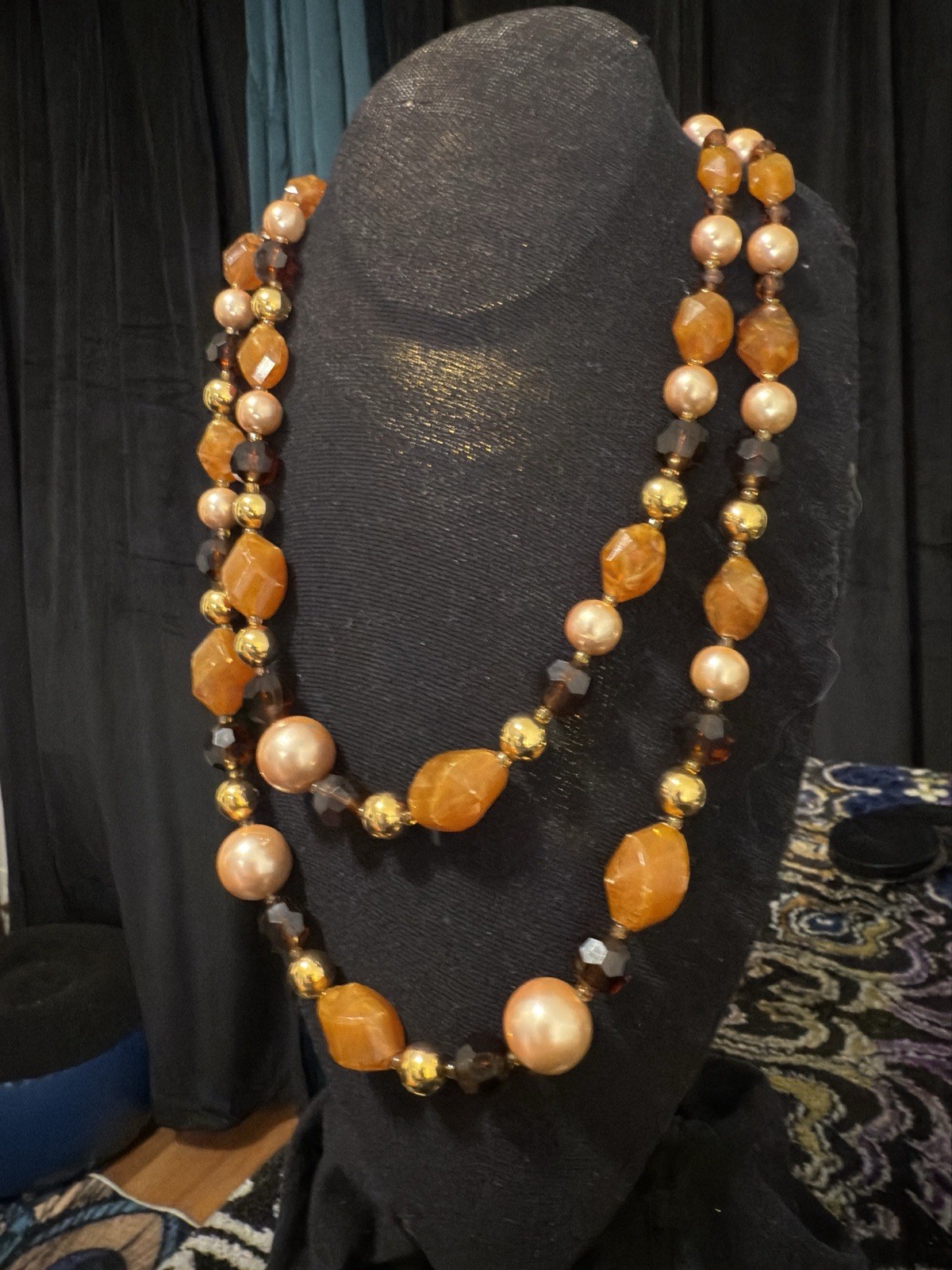 Vintage Made In France Multi Strand Amber Glass Faux Pearl Necklace 1960s-70s