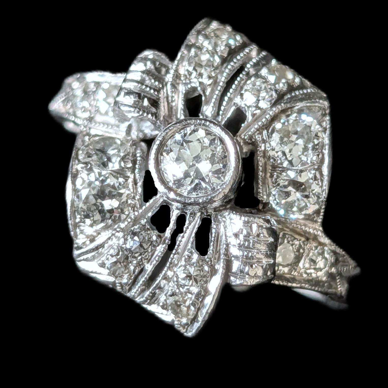 Edwardian Era Old European Cut Diamonds Platinum Cocktail Ring Floral Antique