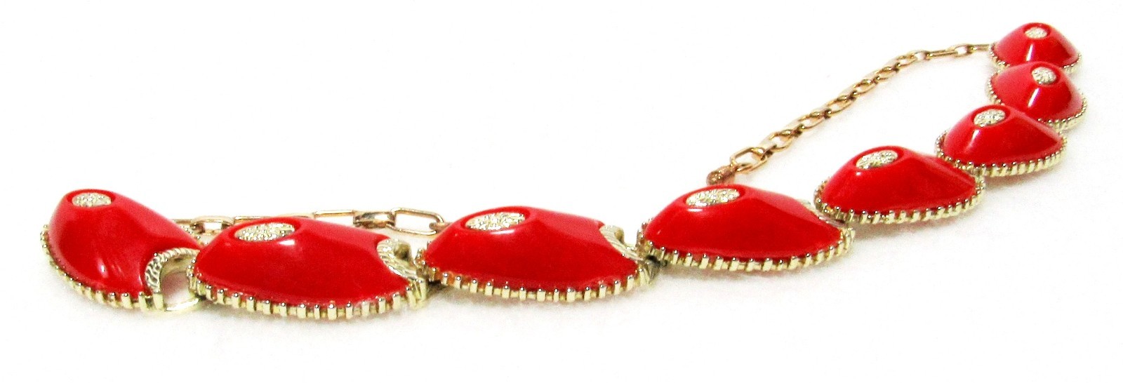Retro Vintage Red w/Gold Accents Choker Necklace Link Bracelet Clip Earrings Set