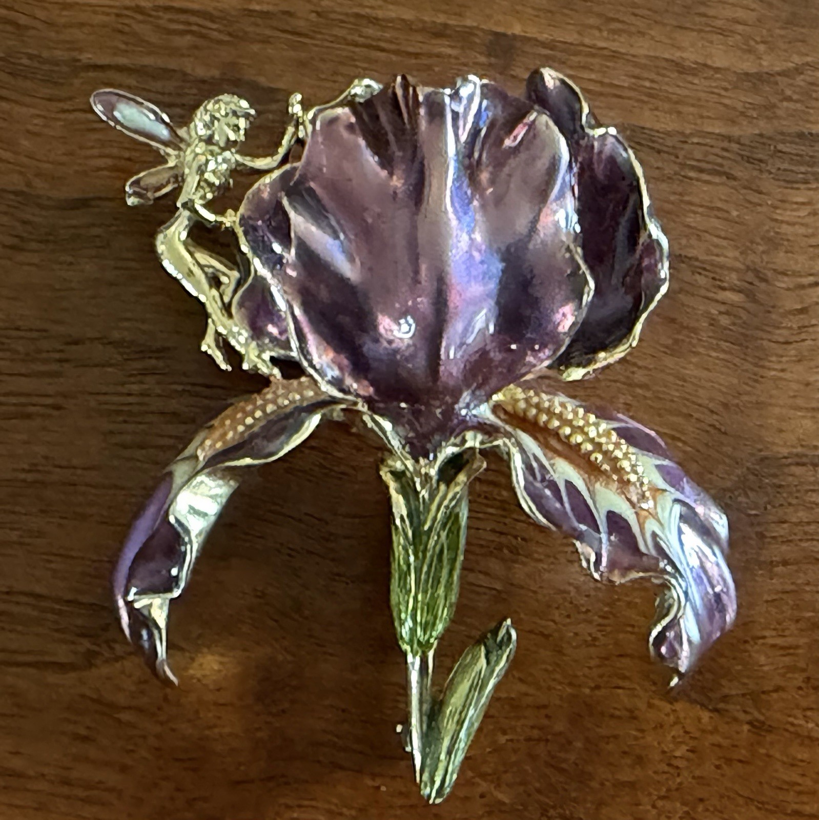 Vintage Large Kirks Folly Purple Enamel Orchid Brooch With Golden Fairy Signed