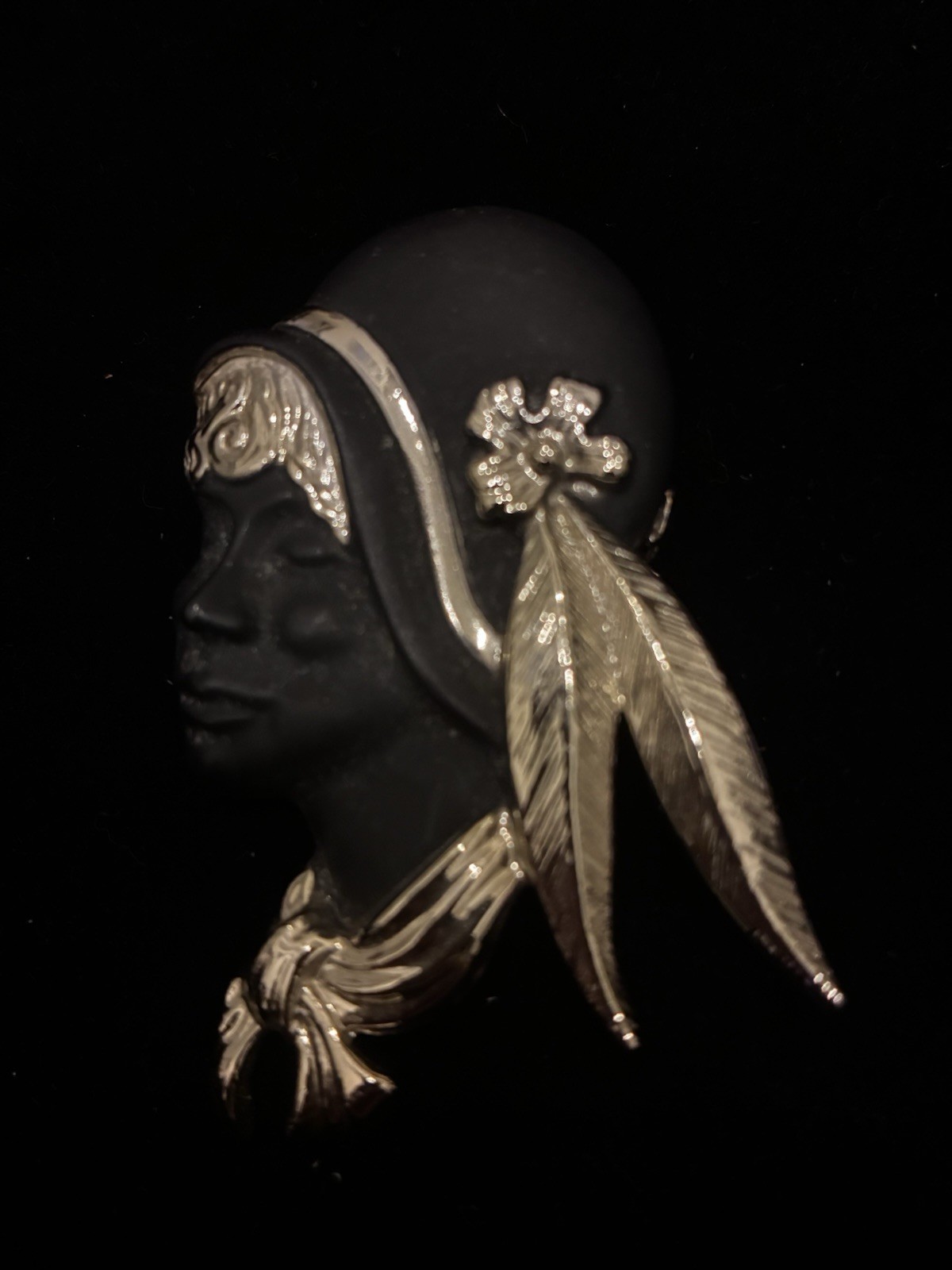 Vintage Torino Flapper Girl Brooch in Gold Tone and Black Matte Finish.
