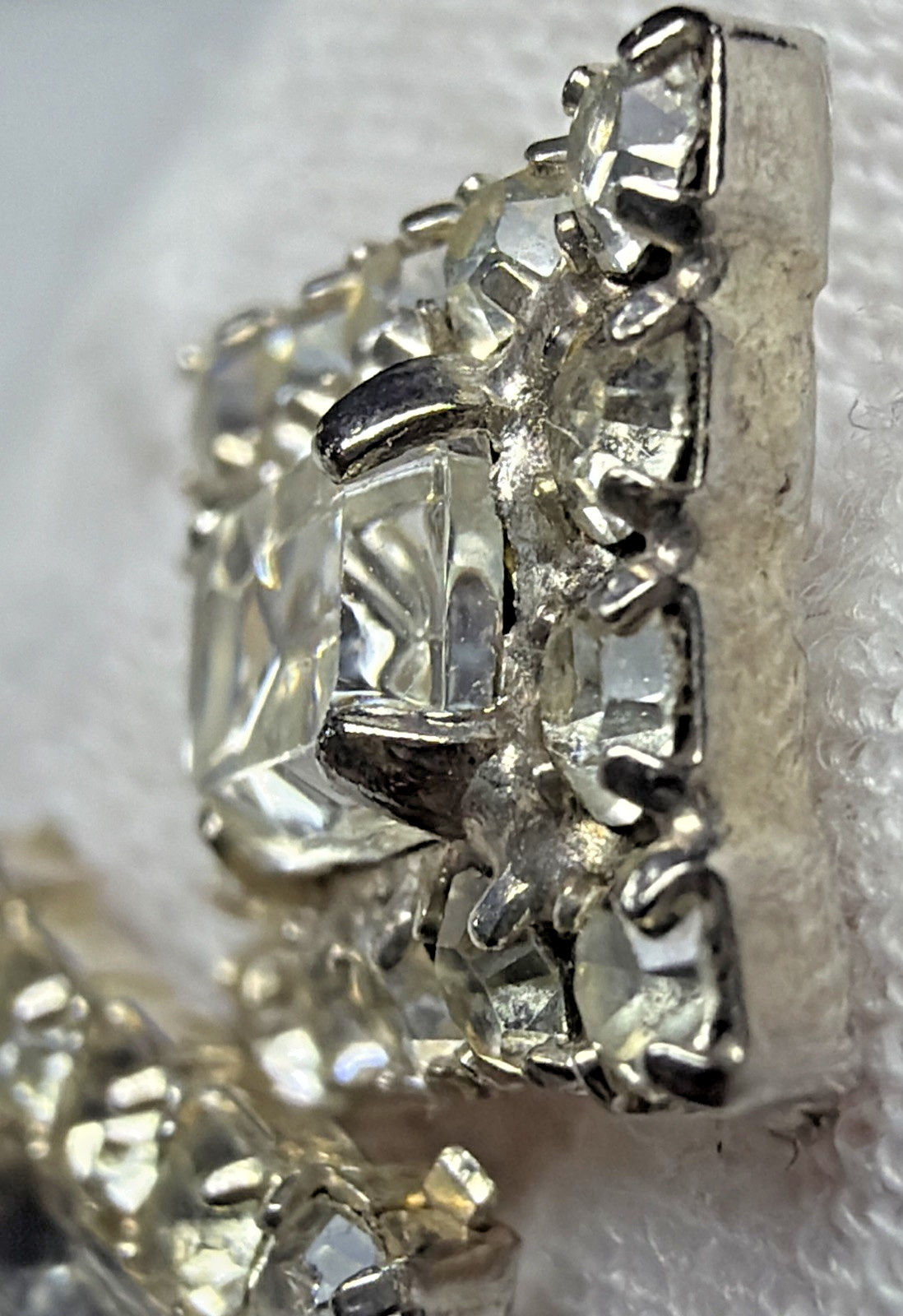 Vintage Emerald Cut Baguette Rhinestone Halo Cluster Pierced Earrings Prong Stud