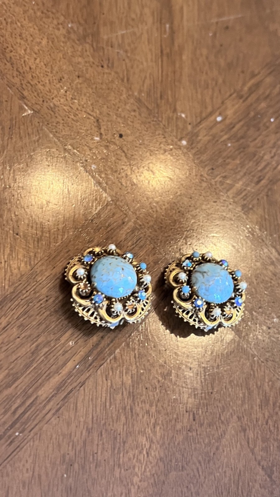 Vintage Florenza Faux Turquoise Cabochon Stud Earrings Gold Tone Signed Nice!