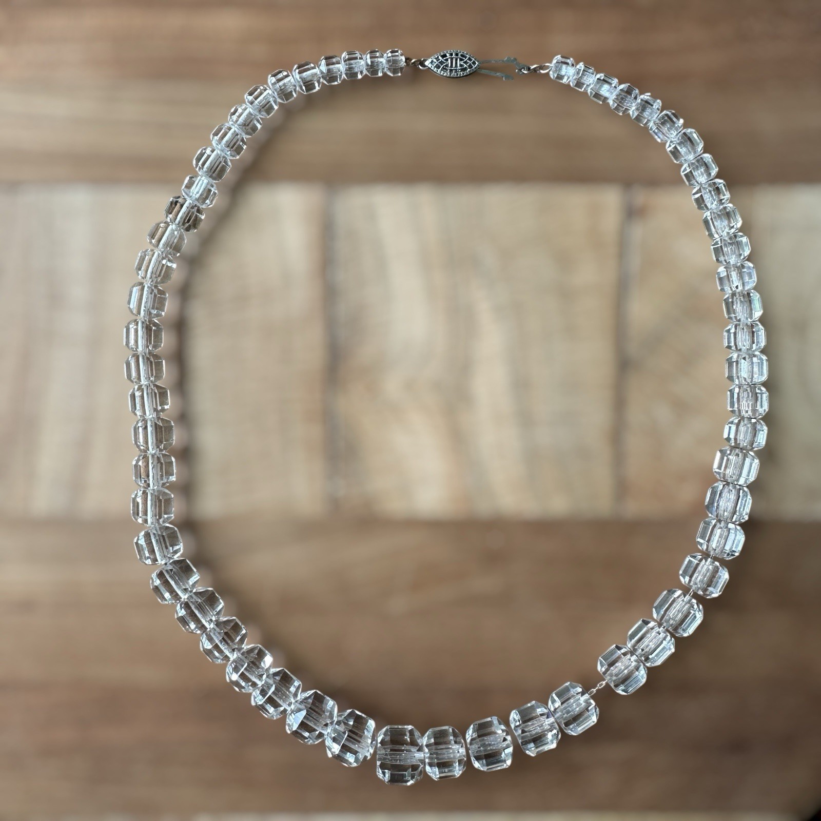 Vintage Deco Graduated Bead Necklace 17 Inch Faceted Clear Crystal 925 Sterling