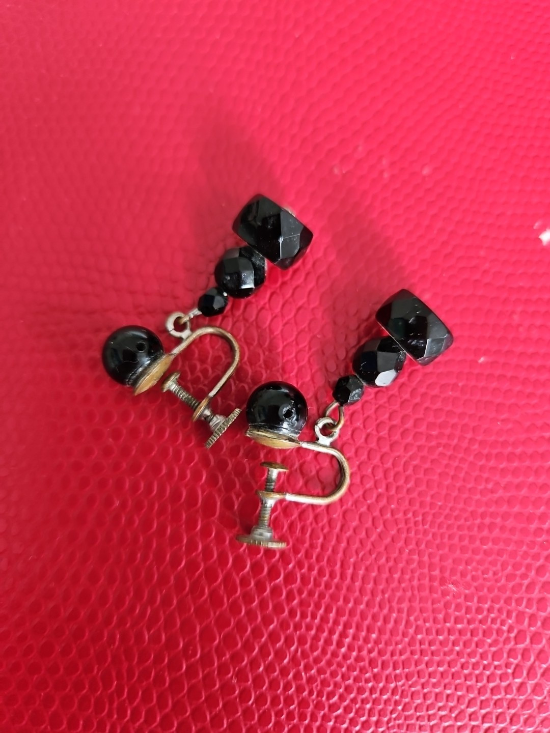 Victorian Antique Jet Polished Faceted Balls Dangling Screw Earrings