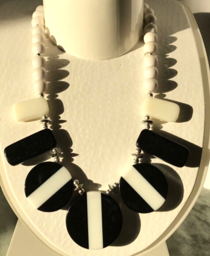 Vintage White Black Mod Plastic Bead Necklace