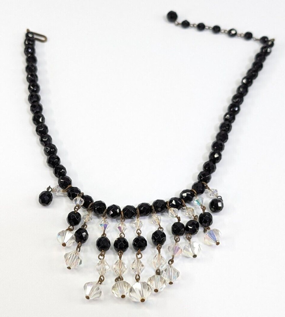 Vintage Black Glass Faceted AB Crystal Fringe Beaded Bib Statement Necklace