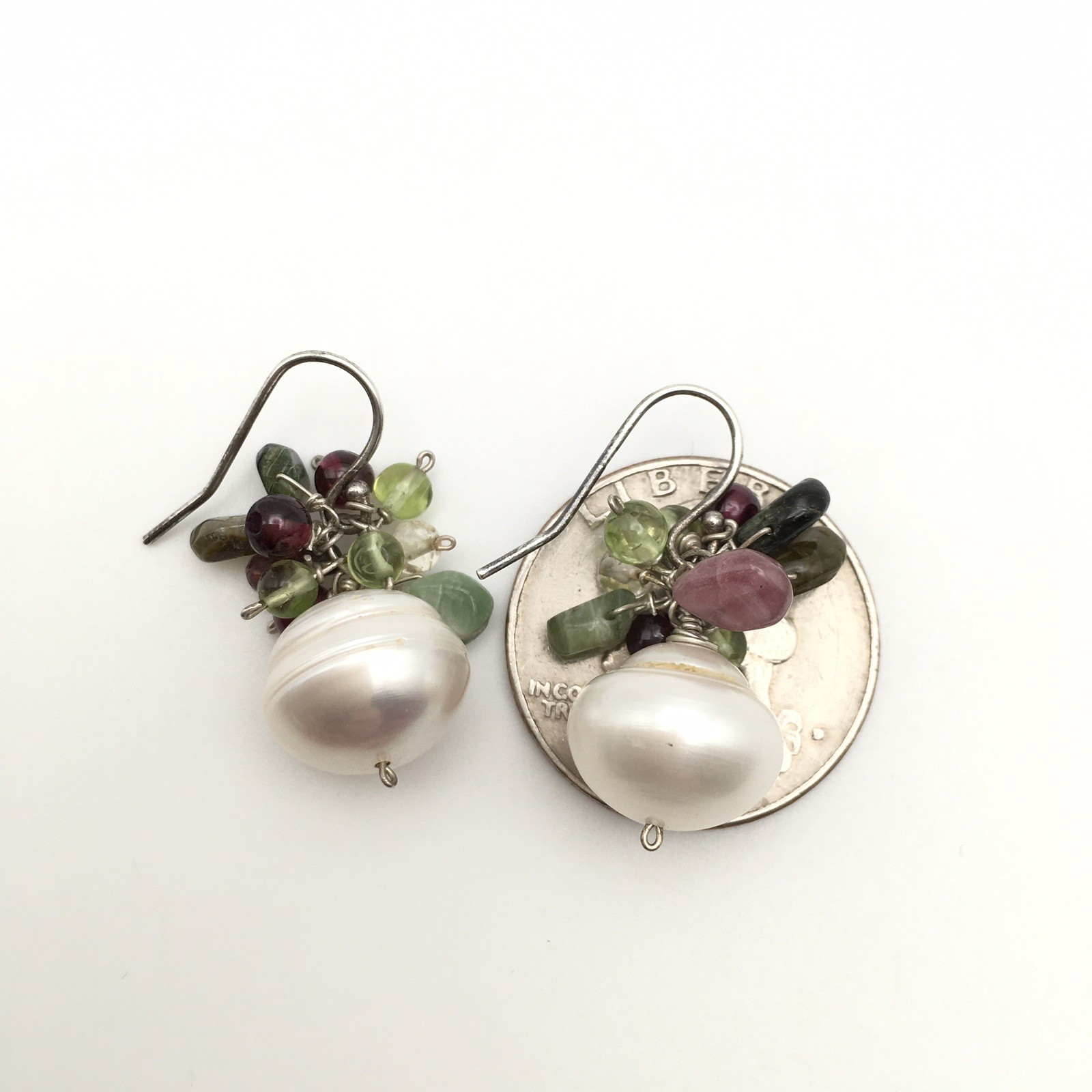 Vintage Sterling Silver Pearl Garnet Green Stone Hook Dangle Earrings 925 8g #92