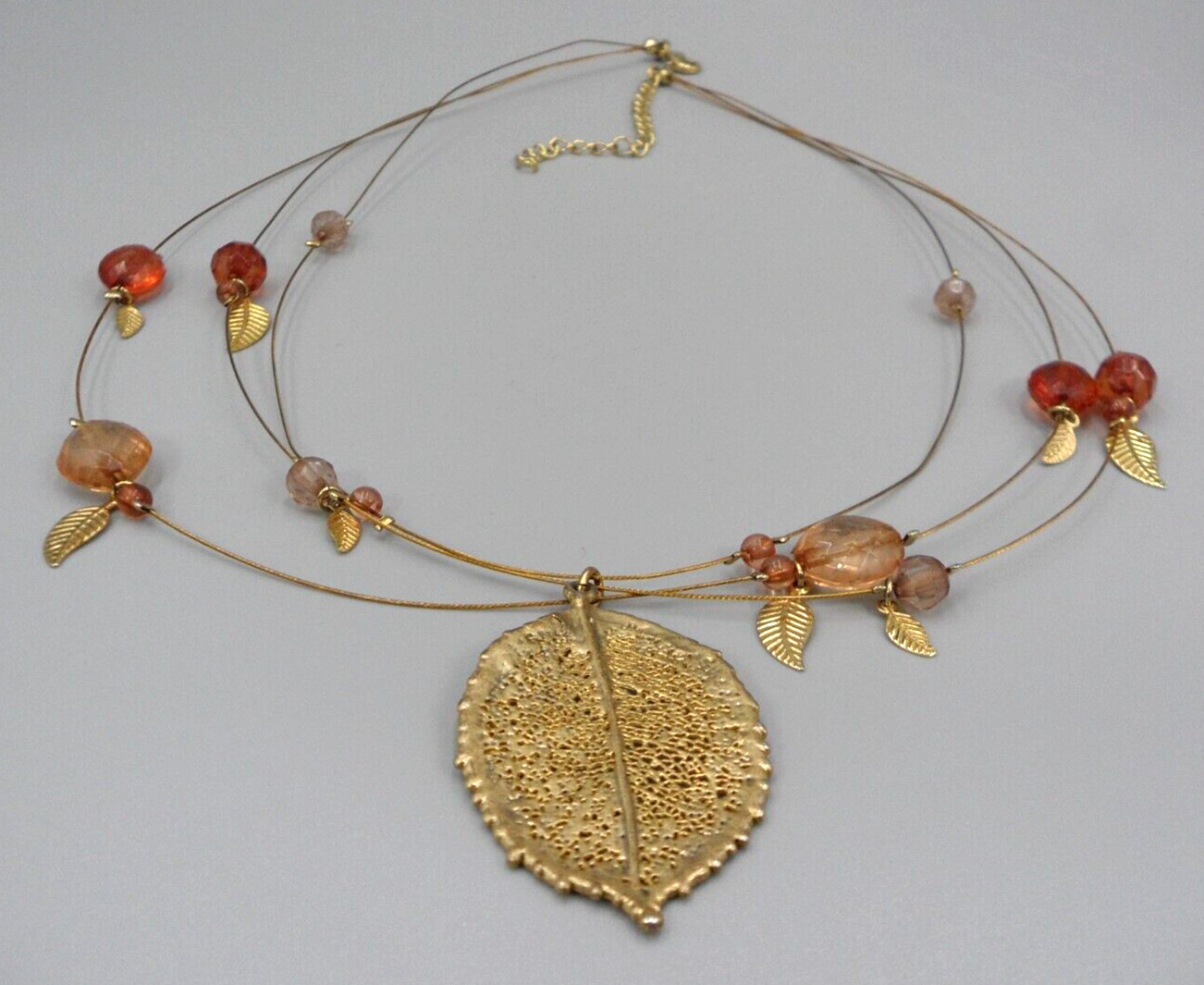 3 Strand Festoon Station Necklace Leaf Pendant Charms Peach Orange Mauve Beads