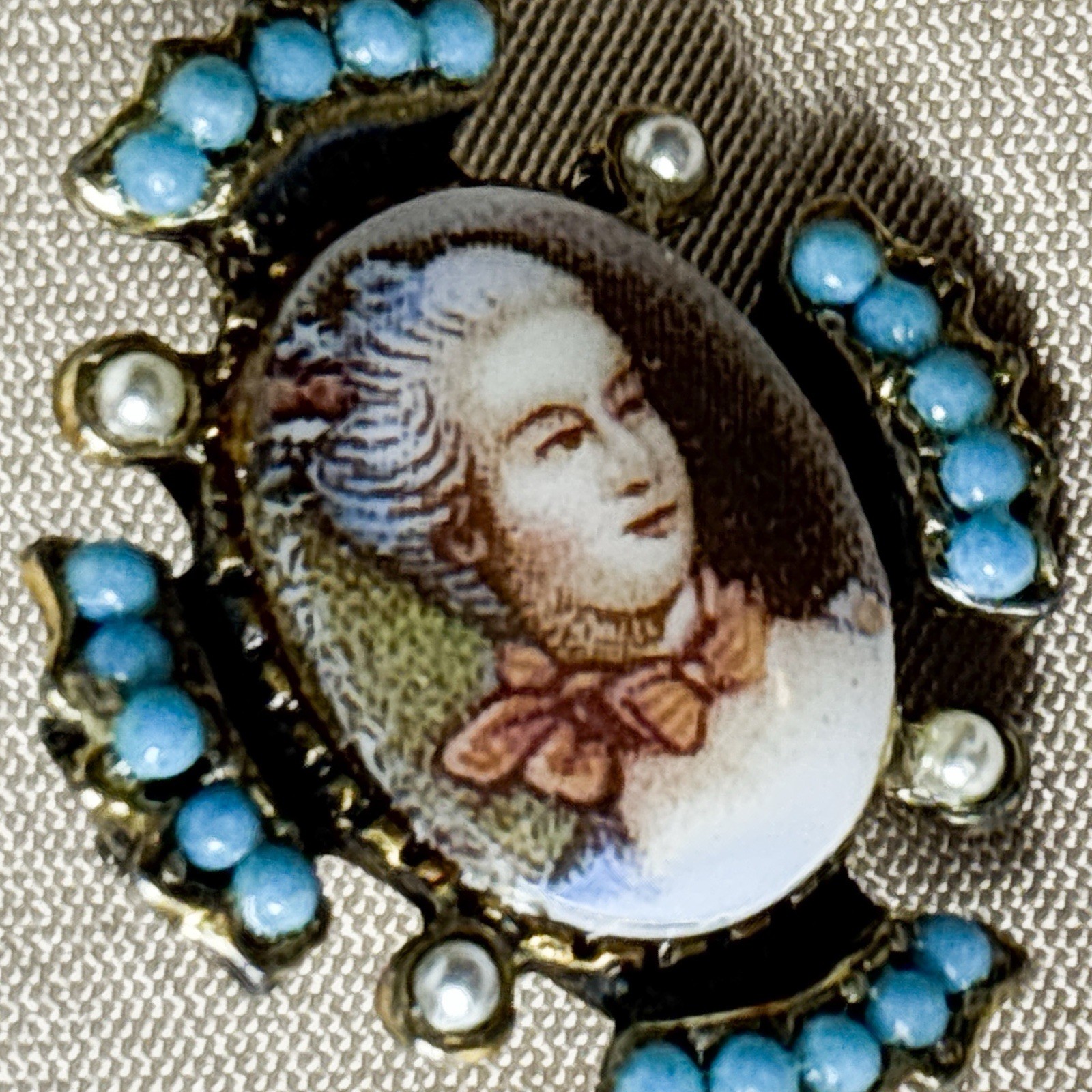 Vintage Brooch, Miniature Victorian Portrait Cameo Turquoise Bead Brooch Pin A66
