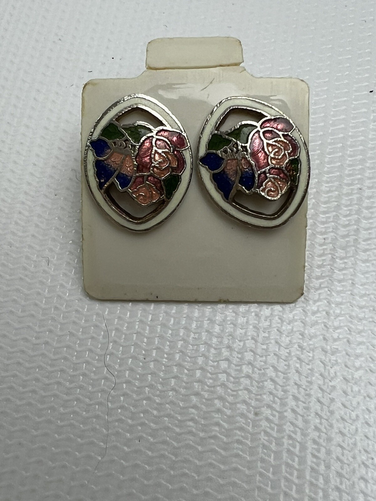 New Vtg Enamel Coated Pierce Post Earrings Pink Flower & Blue Butterfly 1/2 inch