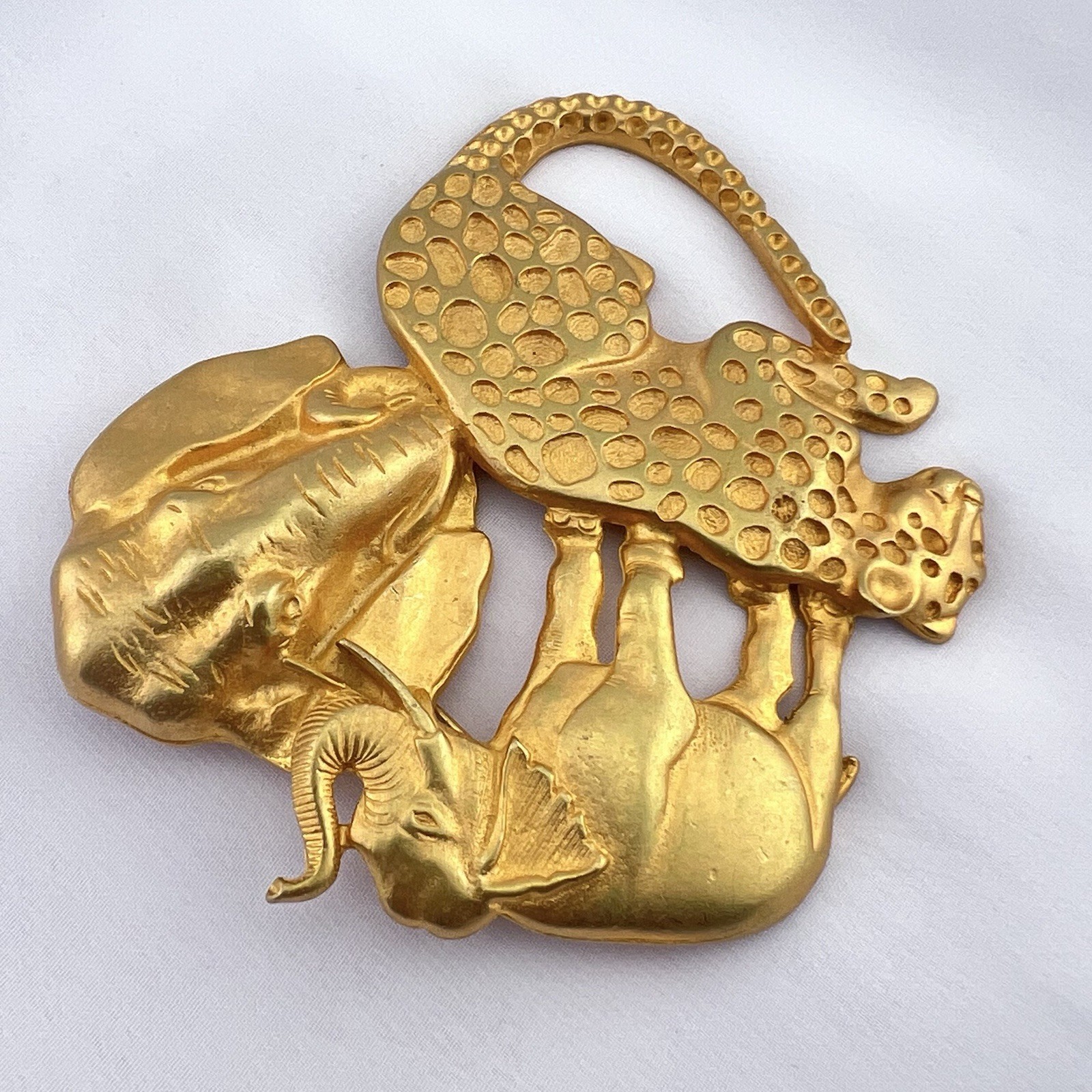 Vintage Safari Brooch Pin Animal Elephant Leopard Large Matte Gold Tone Estate