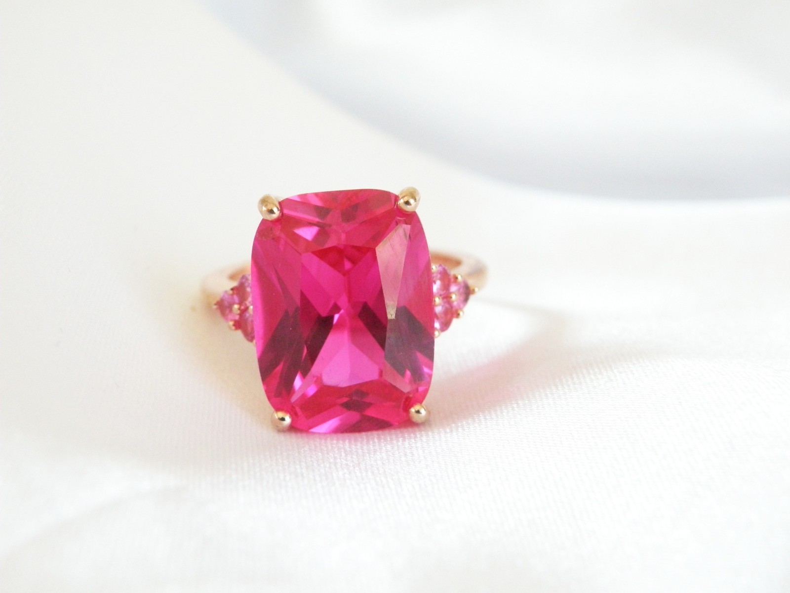 Sterling Silver 925 Rose Gold Large Lab Created Pink Sapphire Ruby Ring Size 10