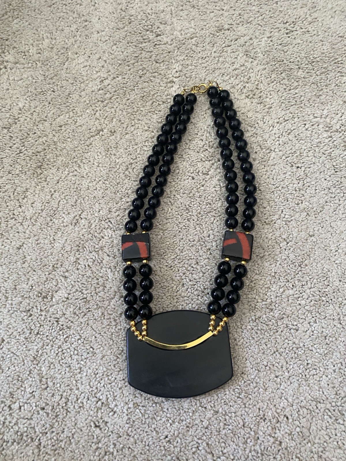 VTG Japan Beaded Statement Necklace Red Black Ceramic Pendant