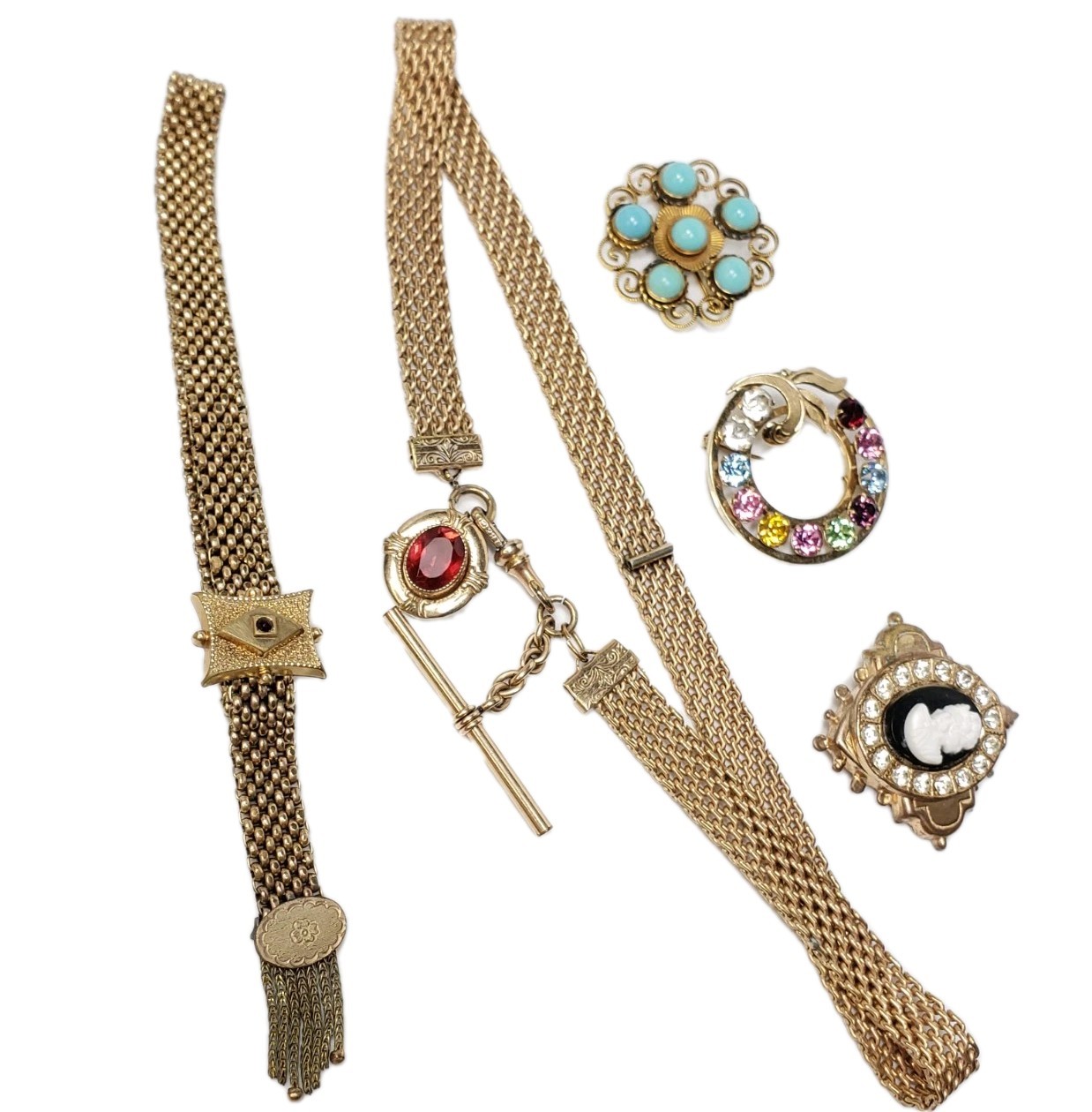 Antique Victorian Gold Filled Choker Watch Mesh Chain Necklace Bracelet Pin Lot