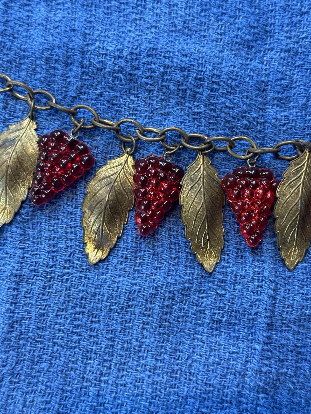 VINTAGE GLASS GRAPE CLUSTERS WITH BRASS BELLS & LEAVES BRACELET COSTUME JEWELERY