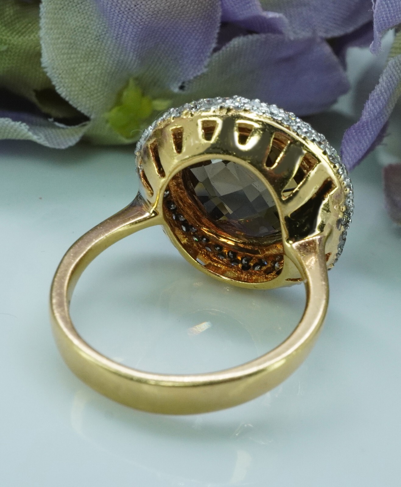 Vintage Quartz Champagne White Diamond Ring 14K Gold Designer Estate Italy