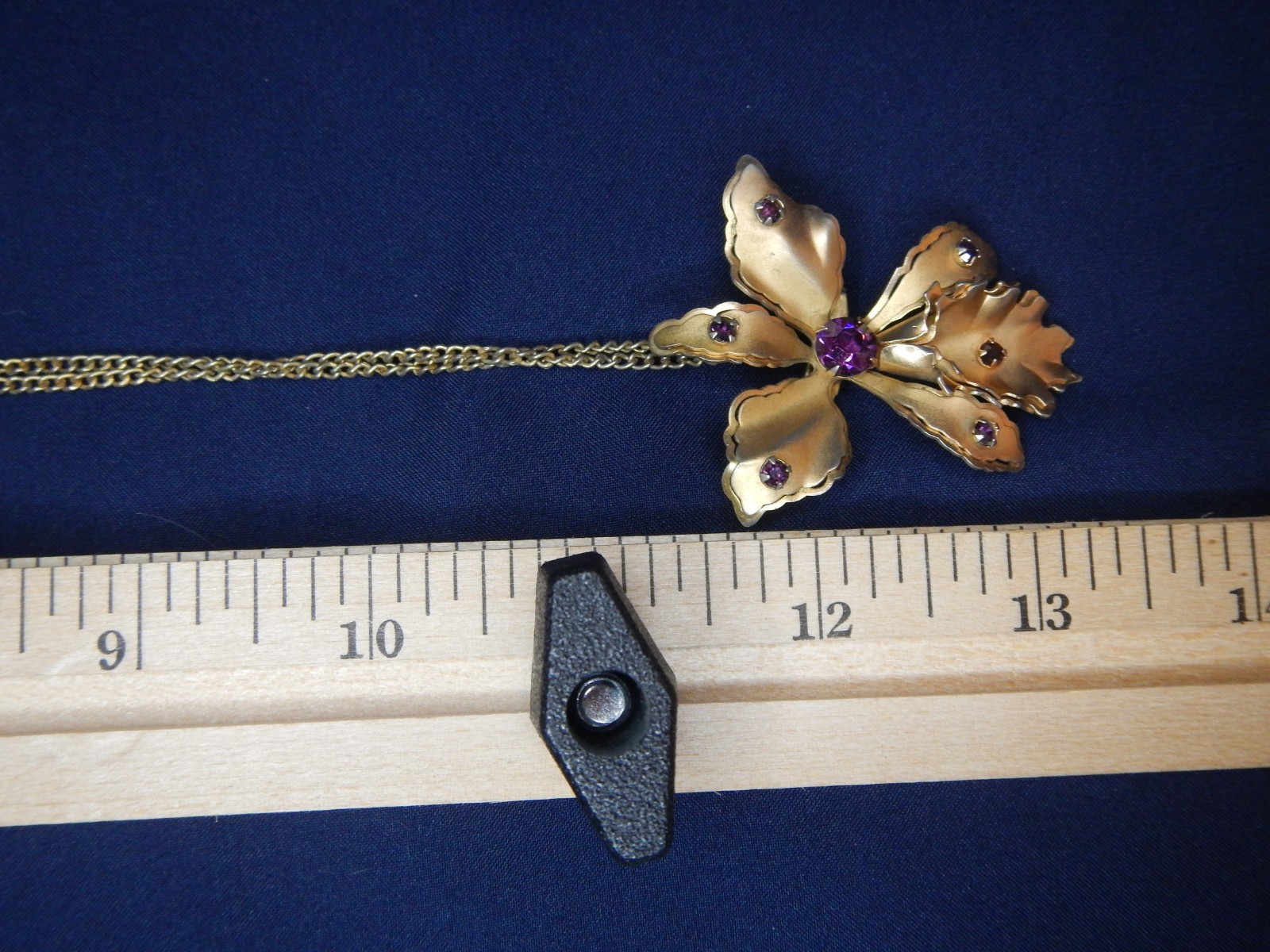 Bugbee and Niles Gold Tone and Purple Rhinestones Orchid Brooch Necklace