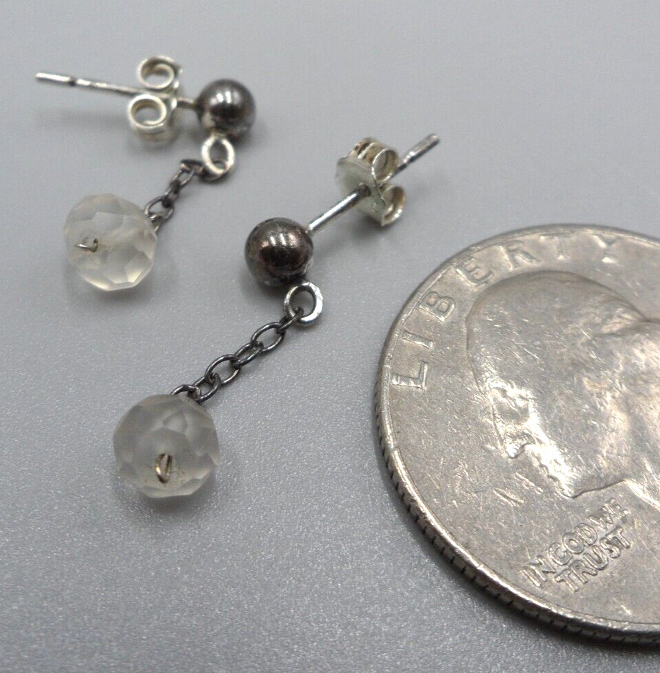 Dainty Chain Dangle Earrings 925 Silver Frosted Glass Bead 1.75″ Drop Minimalist