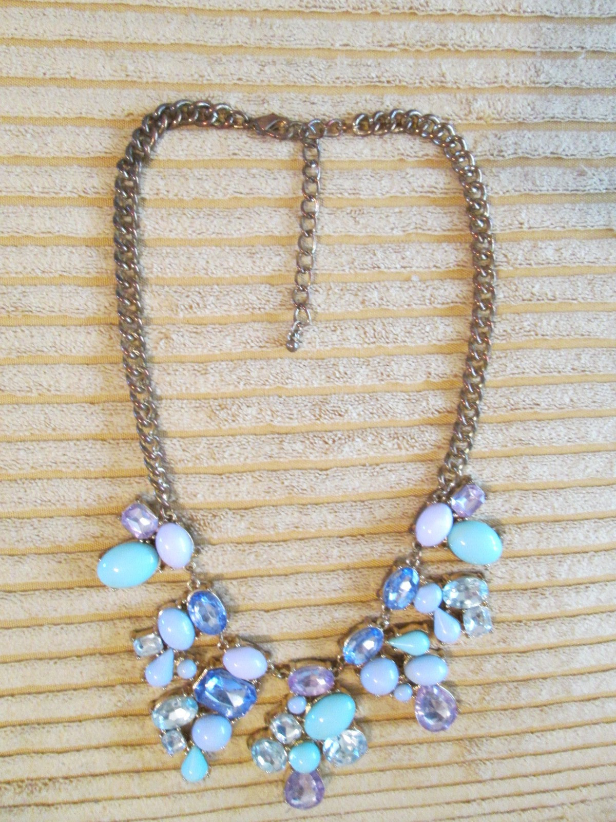 Turquoise blue pink and purple cz and lucite gold tone 20″ statement necklace